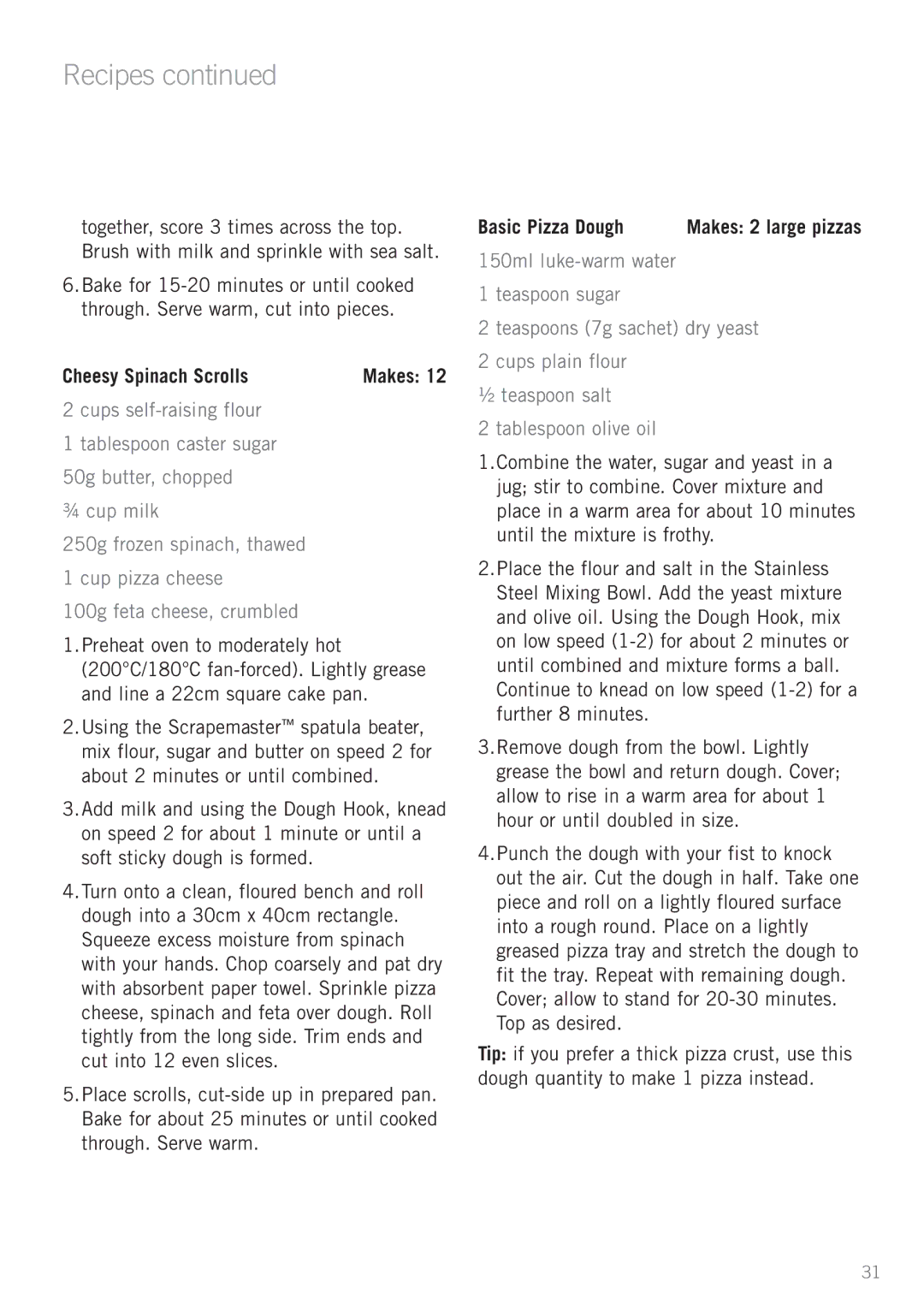 Sunbeam MX9200 manual Cheesy Spinach Scrolls, Basic Pizza Dough 