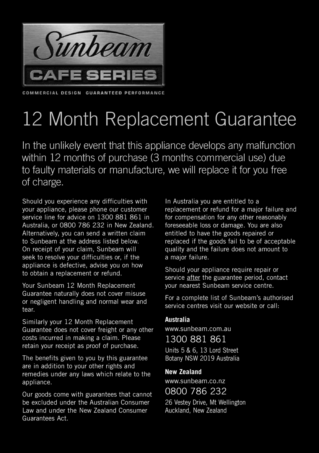 Sunbeam MX9200 manual Month Replacement Guarantee 