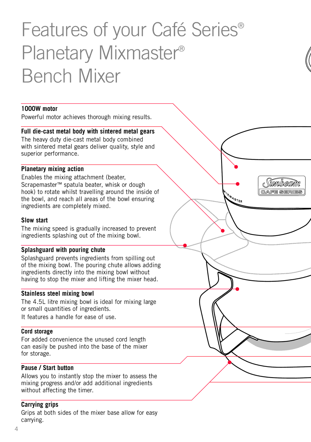 Sunbeam MX9200 manual 1000W motor, Full die-cast metal body with sintered metal gears, Planetary mixing action, Slow start 
