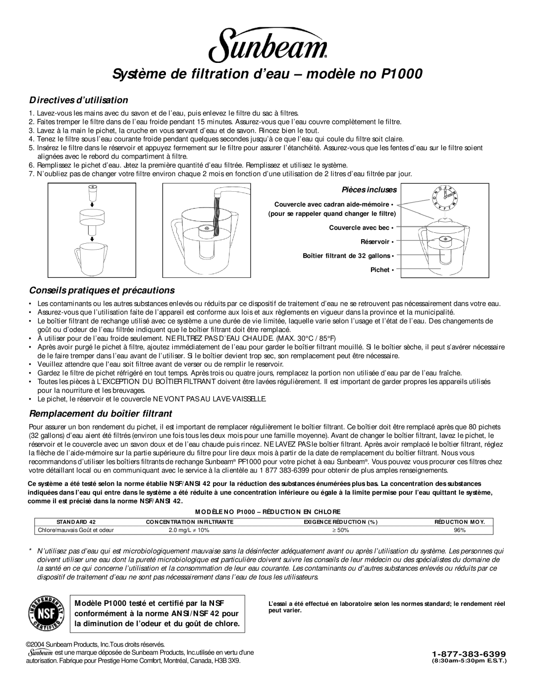 Sunbeam manual Système de filtration d’eau modèle no P1000, Directives d’utilisation, Conseils pratiques et précautions 