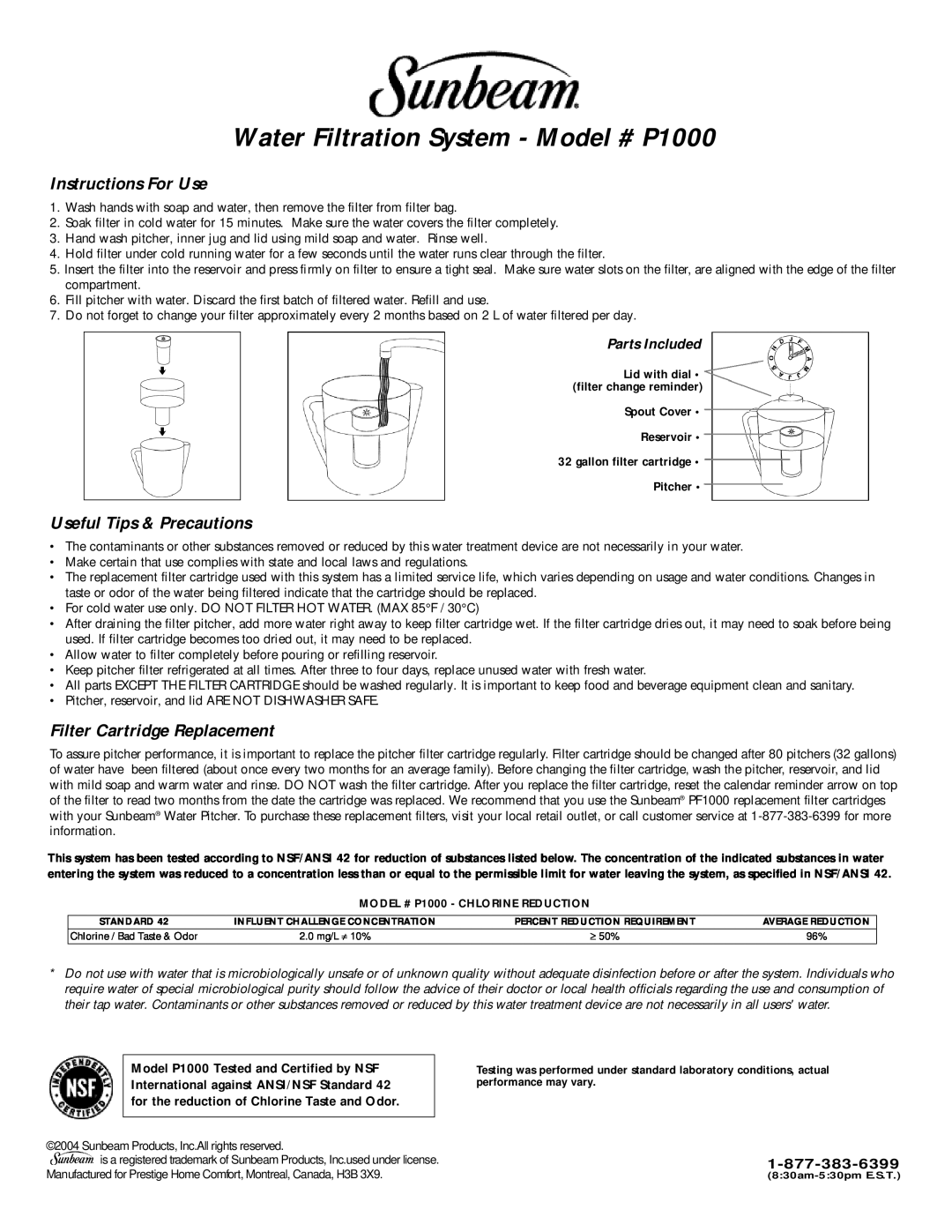 Sunbeam manual Water Filtration System - Model # P1000, Instructions For Use, Useful Tips & Precautions, Parts Included 