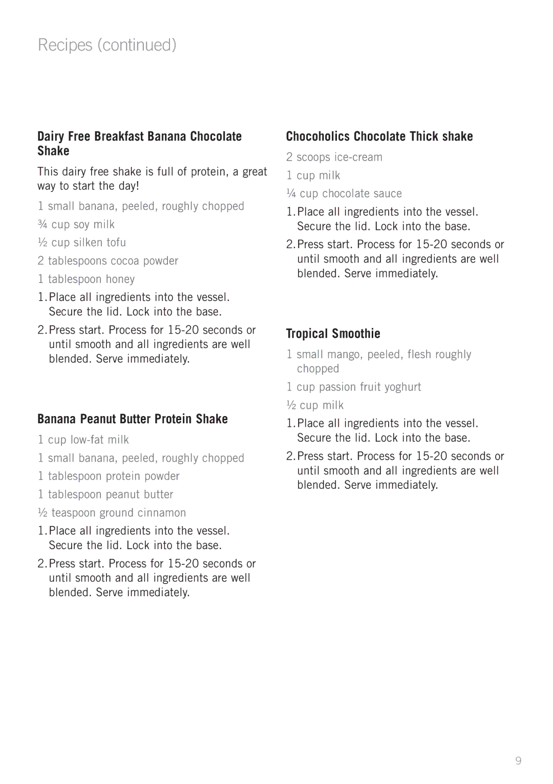 Sunbeam PB2000 manual Dairy Free Breakfast Banana Chocolate Shake, Banana Peanut Butter Protein Shake, Tropical Smoothie 