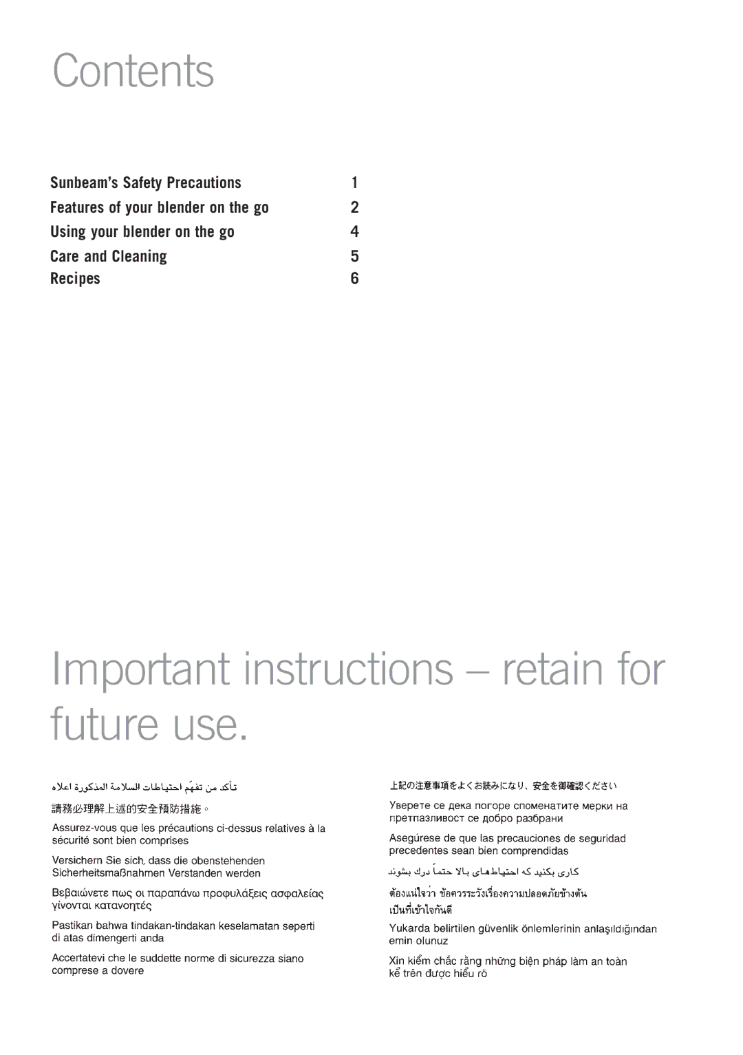 Sunbeam PB2000 manual Contents, Important instructions retain for future use 