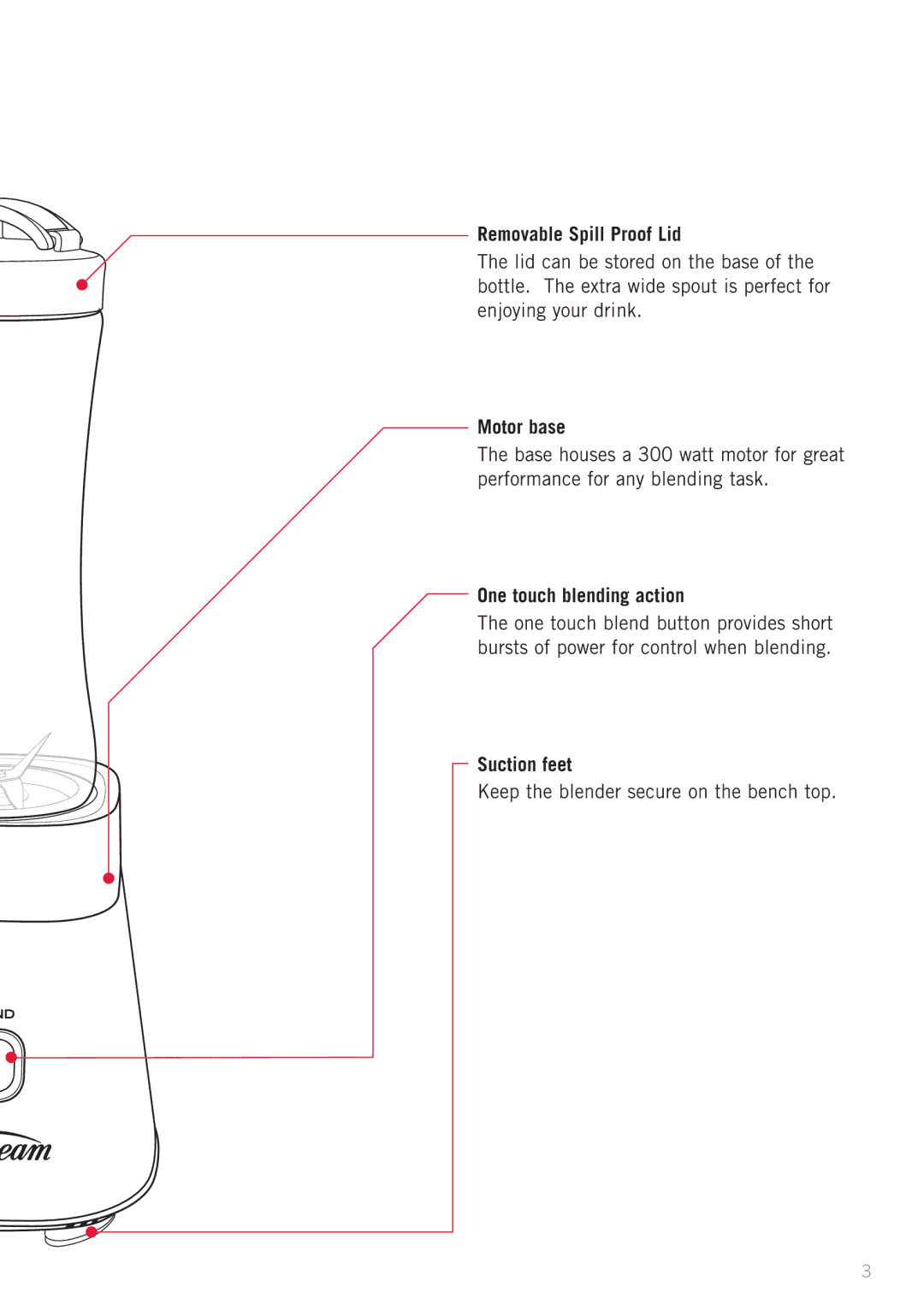 Sunbeam PB2000 manual Removable Spill Proof Lid, Motor base, One touch blending action, Suction feet 