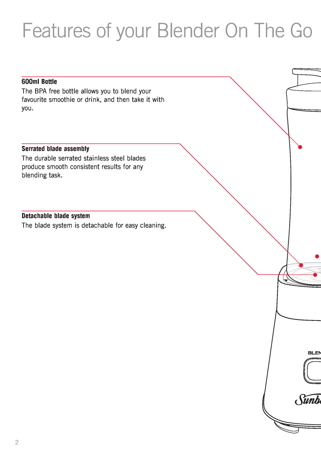 Sunbeam PB2000 manual Features of your Blender On The Go, 600ml Bottle, Serrated blade assembly, Detachable blade system 