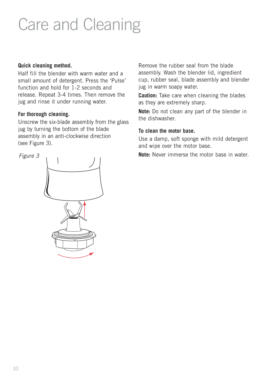 Sunbeam PB7600 manual Care and Cleaning, Quick cleaning method, For thorough cleaning, To clean the motor base 