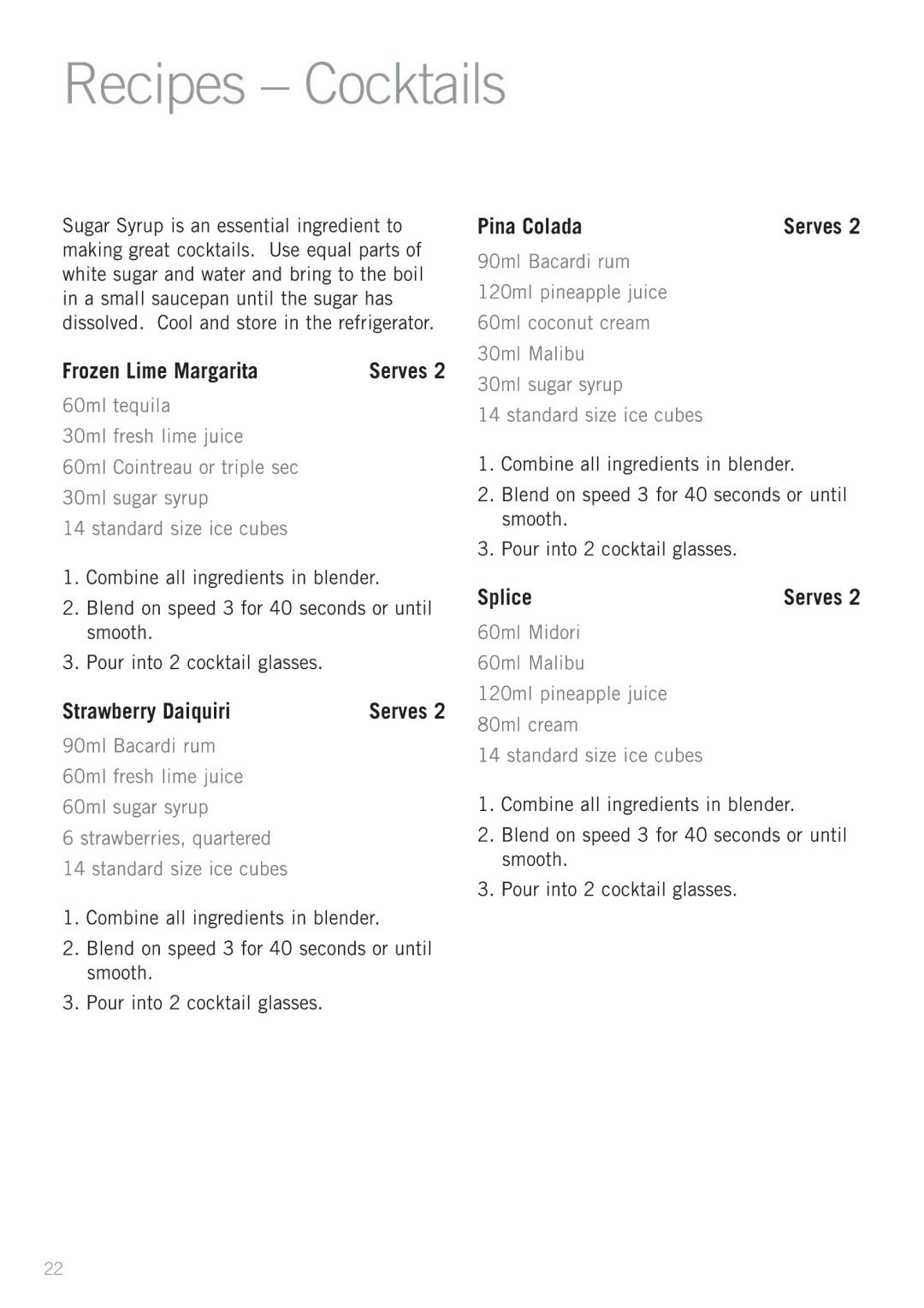 Sunbeam PB7610 manual Recipes Cocktails, Frozen Lime Margarita, Strawberry Daiquiri, Pina Colada, Splice 