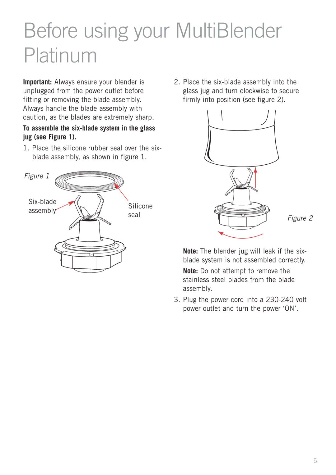 Sunbeam PB7610 manual Before using your MultiBlender Platinum, To assemble the six-blade system in the glass jug see Figure 