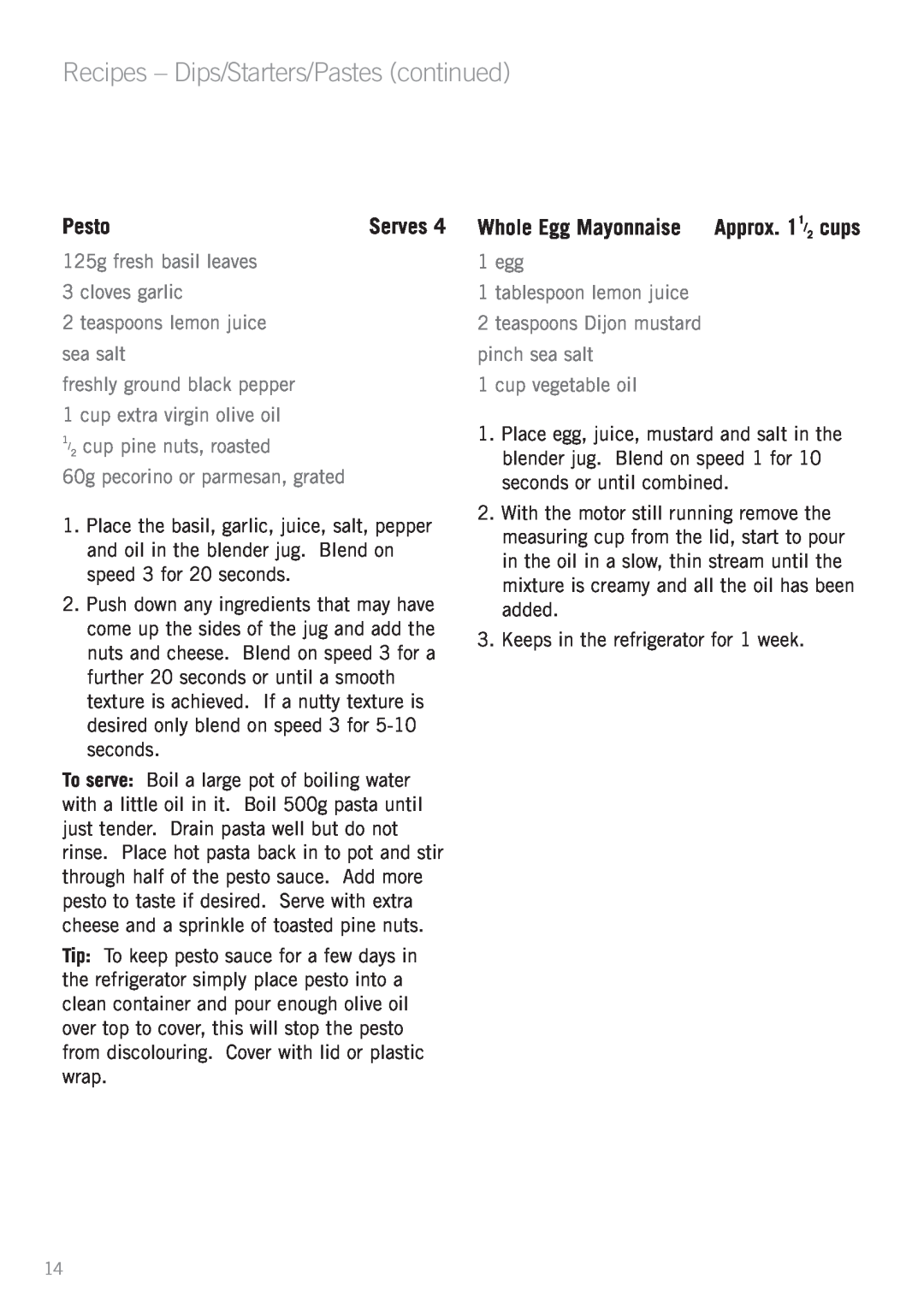 Sunbeam PB7610 manual Recipes - Dips/Starters/Pastes continued, Pesto 