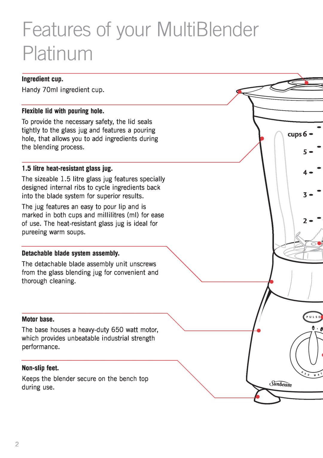 Sunbeam PB7610 manual Features of your MultiBlender Platinum, Ingredient cup, Flexible lid with pouring hole, Motor base 
