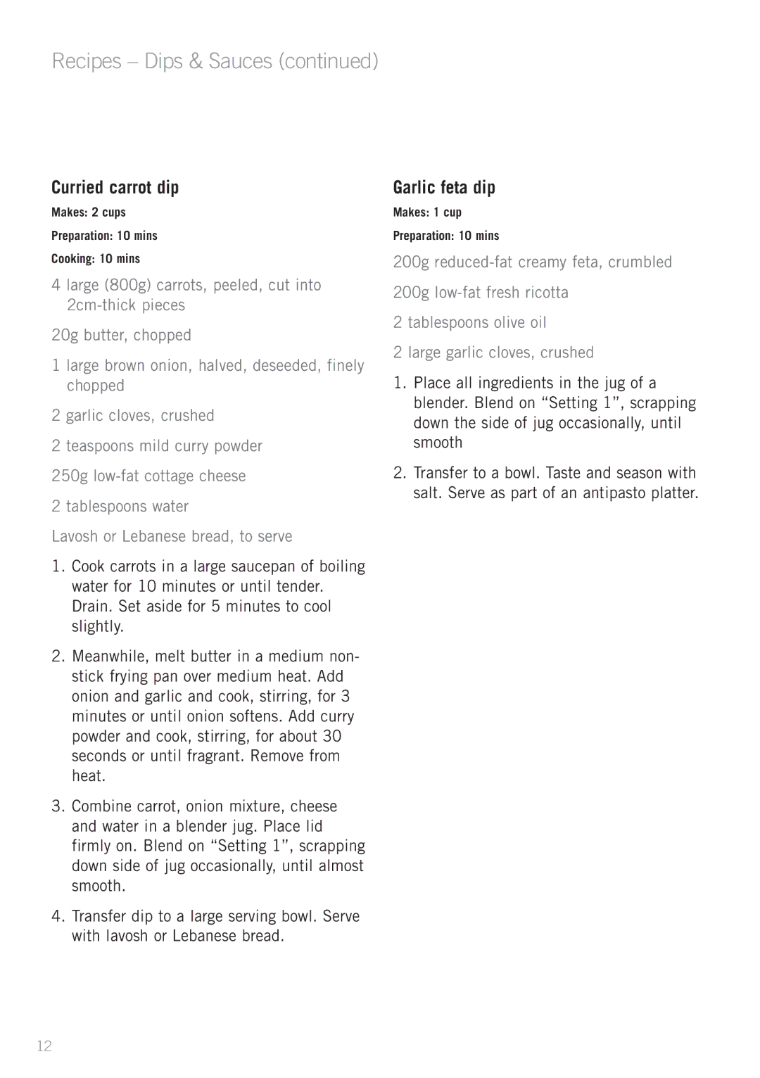 Sunbeam PB7650 manual Curried carrot dip, Garlic feta dip 