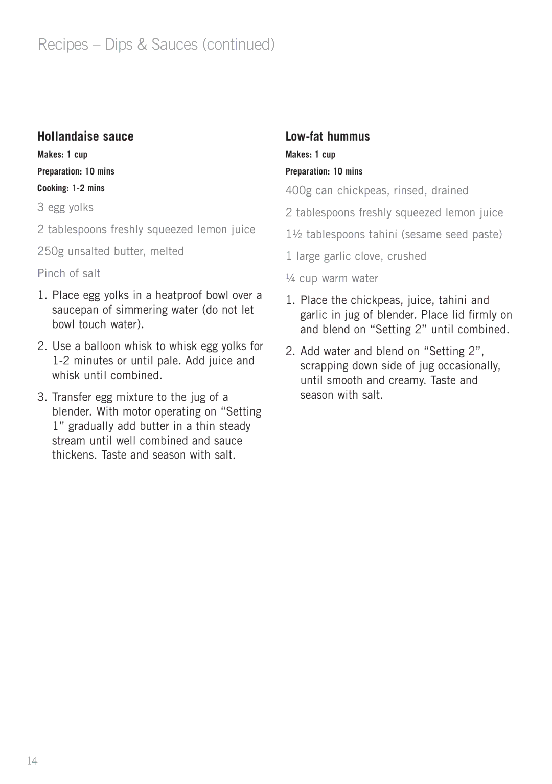 Sunbeam PB7650 manual Hollandaise sauce, Low-fat hummus 