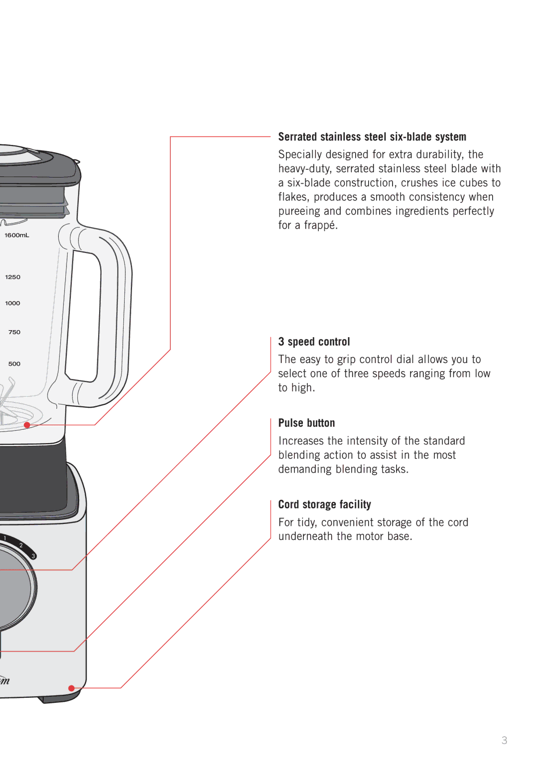 Sunbeam PB7650 manual Serrated stainless steel six-blade system, Speed control, Pulse button, Cord storage facility 