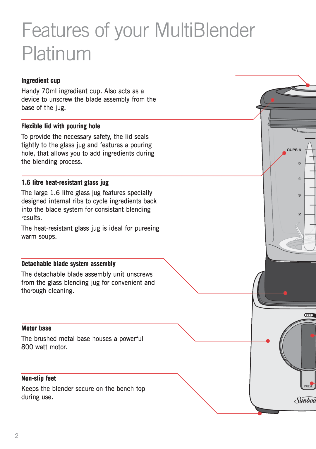 Sunbeam PB7650 manual Features of your MultiBlender Platinum, Ingredient cup, Flexible lid with pouring hole, Motor base 