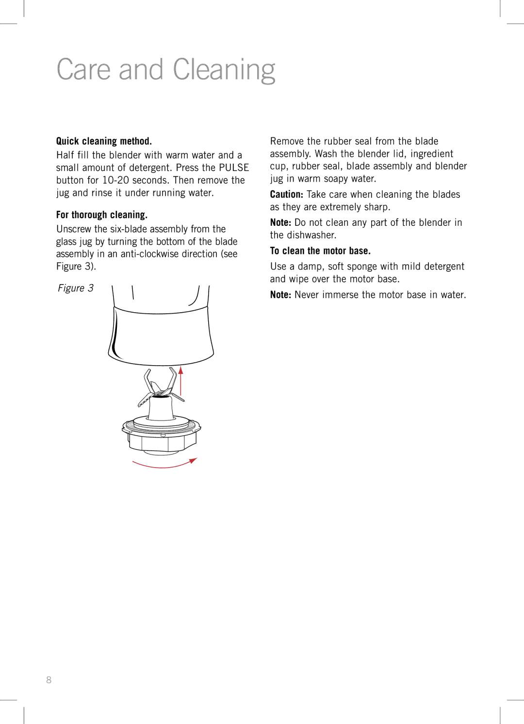 Sunbeam PB7910 manual Care and Cleaning, Quick cleaning method 