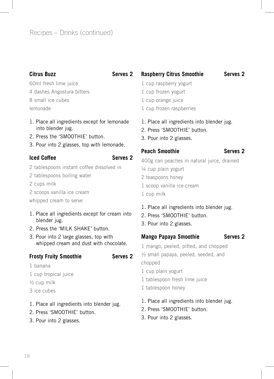 Sunbeam PB7910 manual Recipes Drinks 