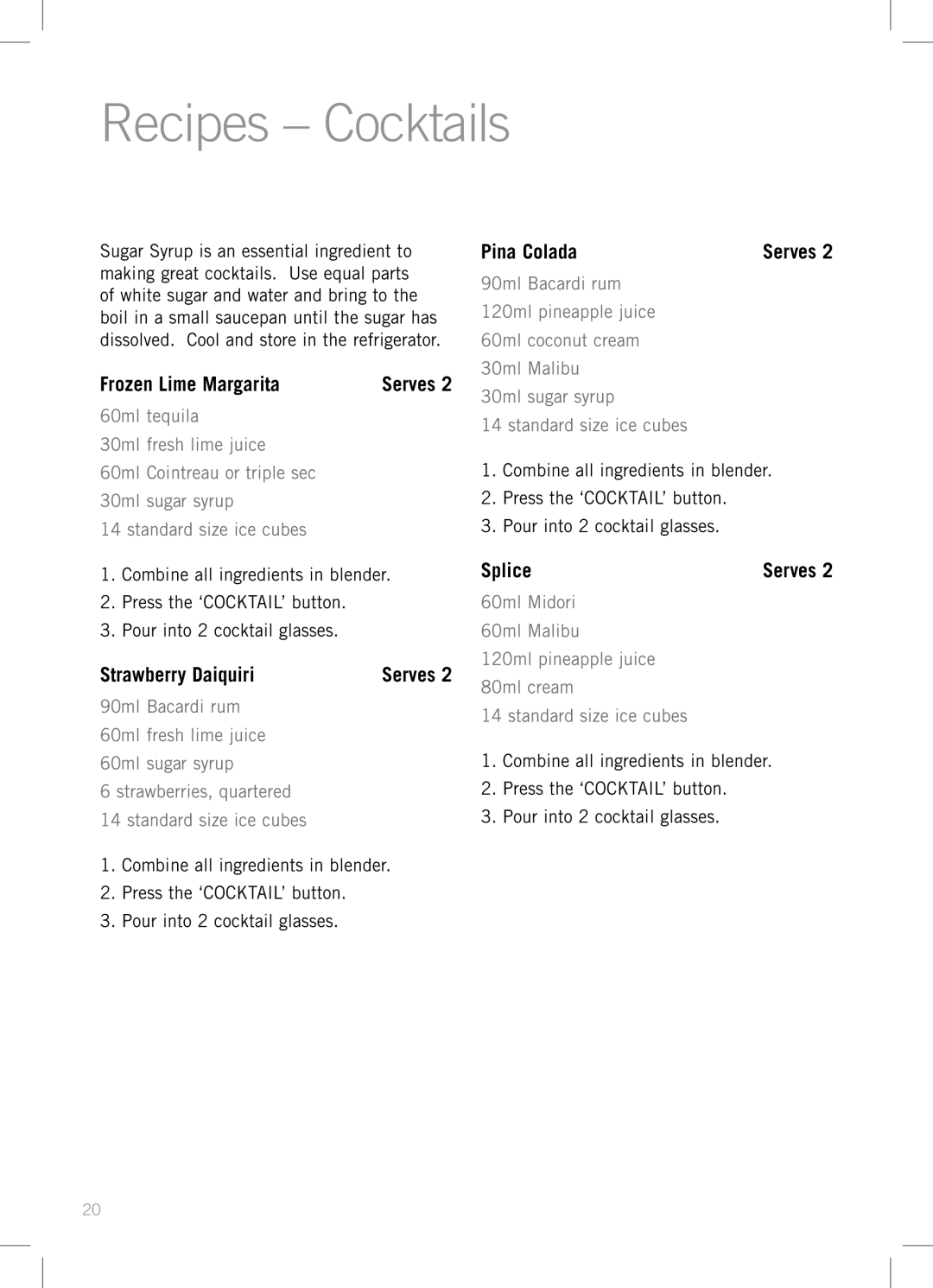 Sunbeam PB7910 manual Recipes Cocktails, Frozen Lime Margarita, Strawberry Daiquiri, Pina Colada, Splice 