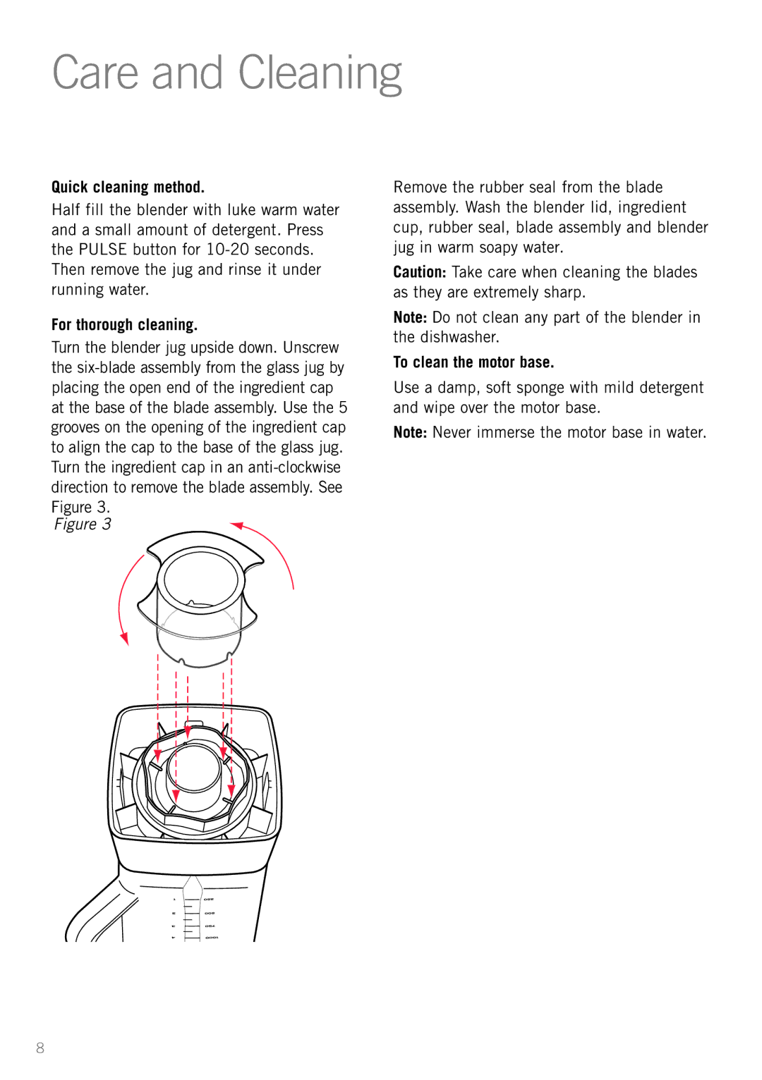 Sunbeam PB7950 manual Care and Cleaning, Quick cleaning method, For thorough cleaning, To clean the motor base 