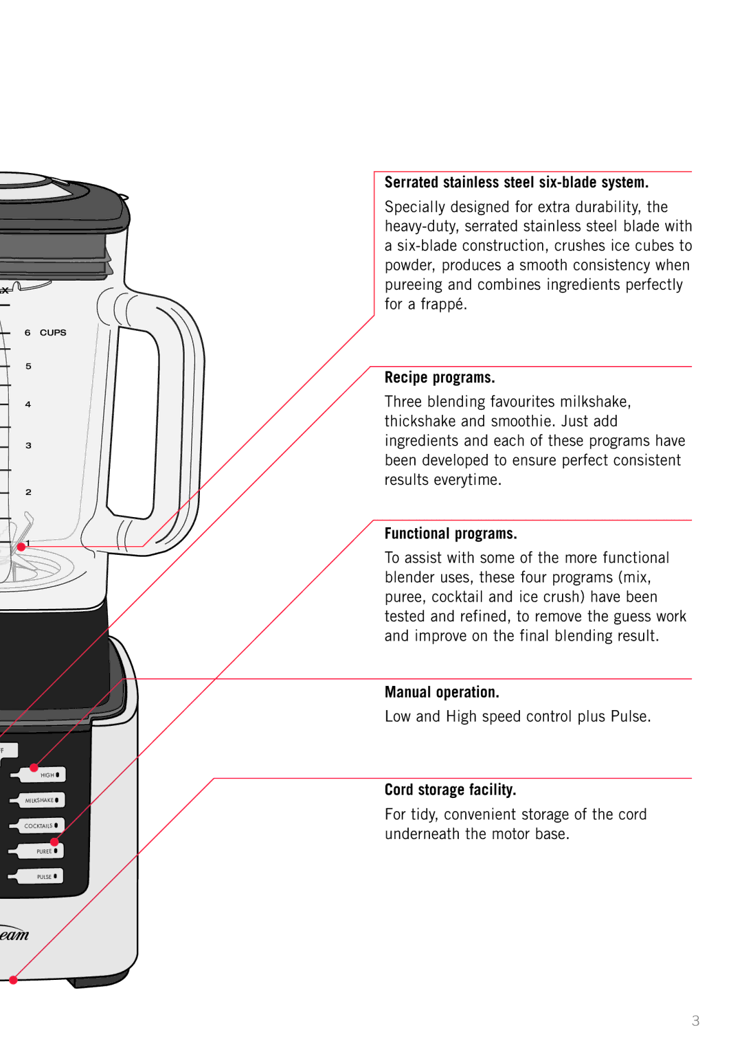 Sunbeam PB7950 manual Serrated stainless steel six-blade system, Recipe programs, Functional programs, Manual operation 