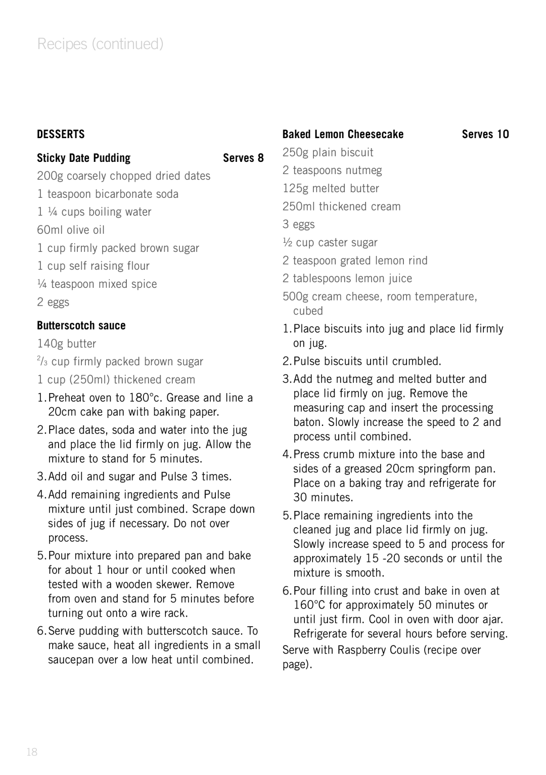 Sunbeam PB9500 manual Desserts, Sticky Date Pudding, Butterscotch sauce, Baked Lemon Cheesecake 
