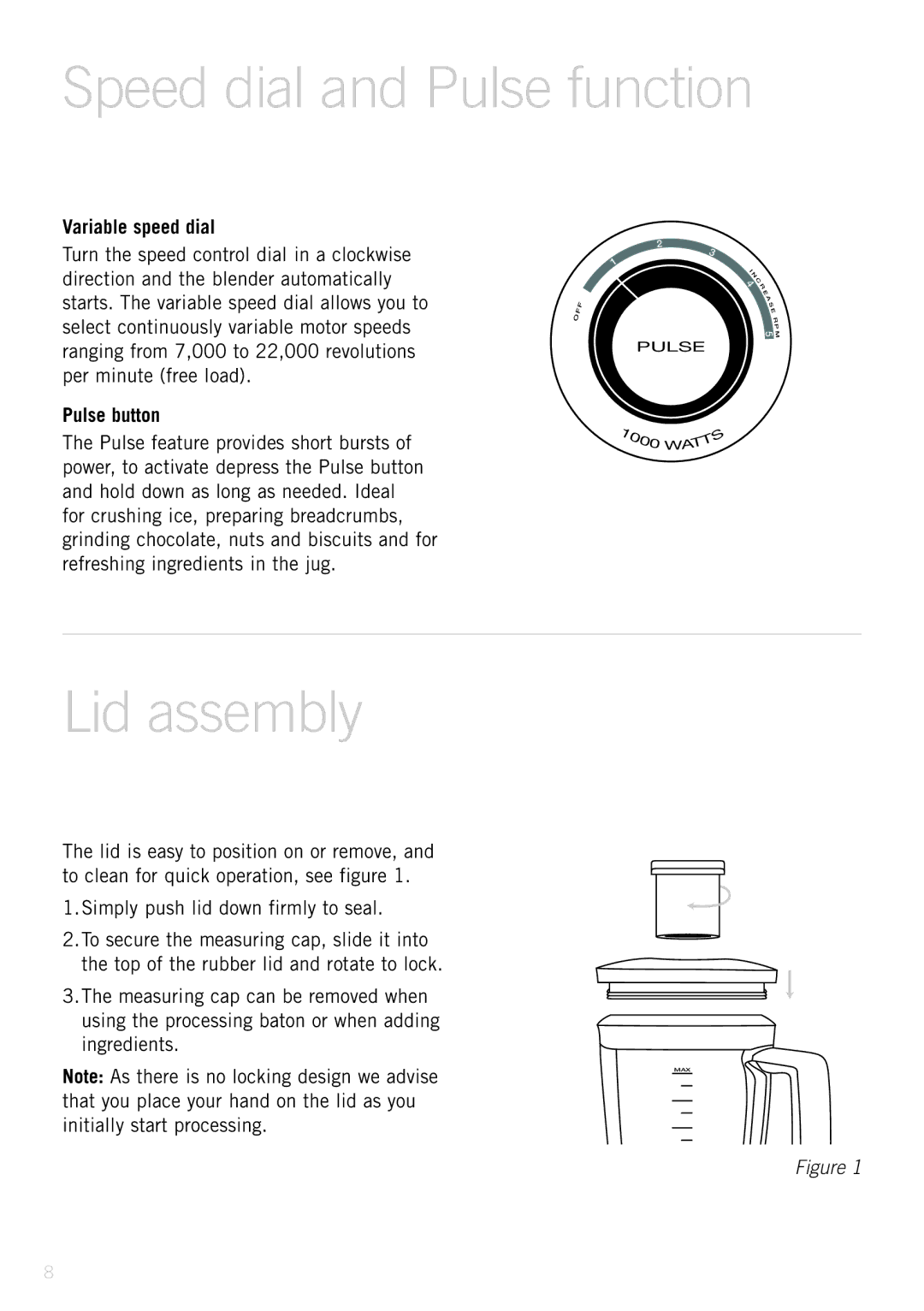 Sunbeam PB9500 manual Speed dial and Pulse function, Lid assembly, Variable speed dial, Pulse button 