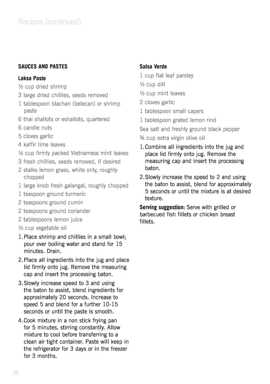Sunbeam PB9500 manual SAUCES AND PASTES Laksa Paste, Salsa Verde, Recipes continued 