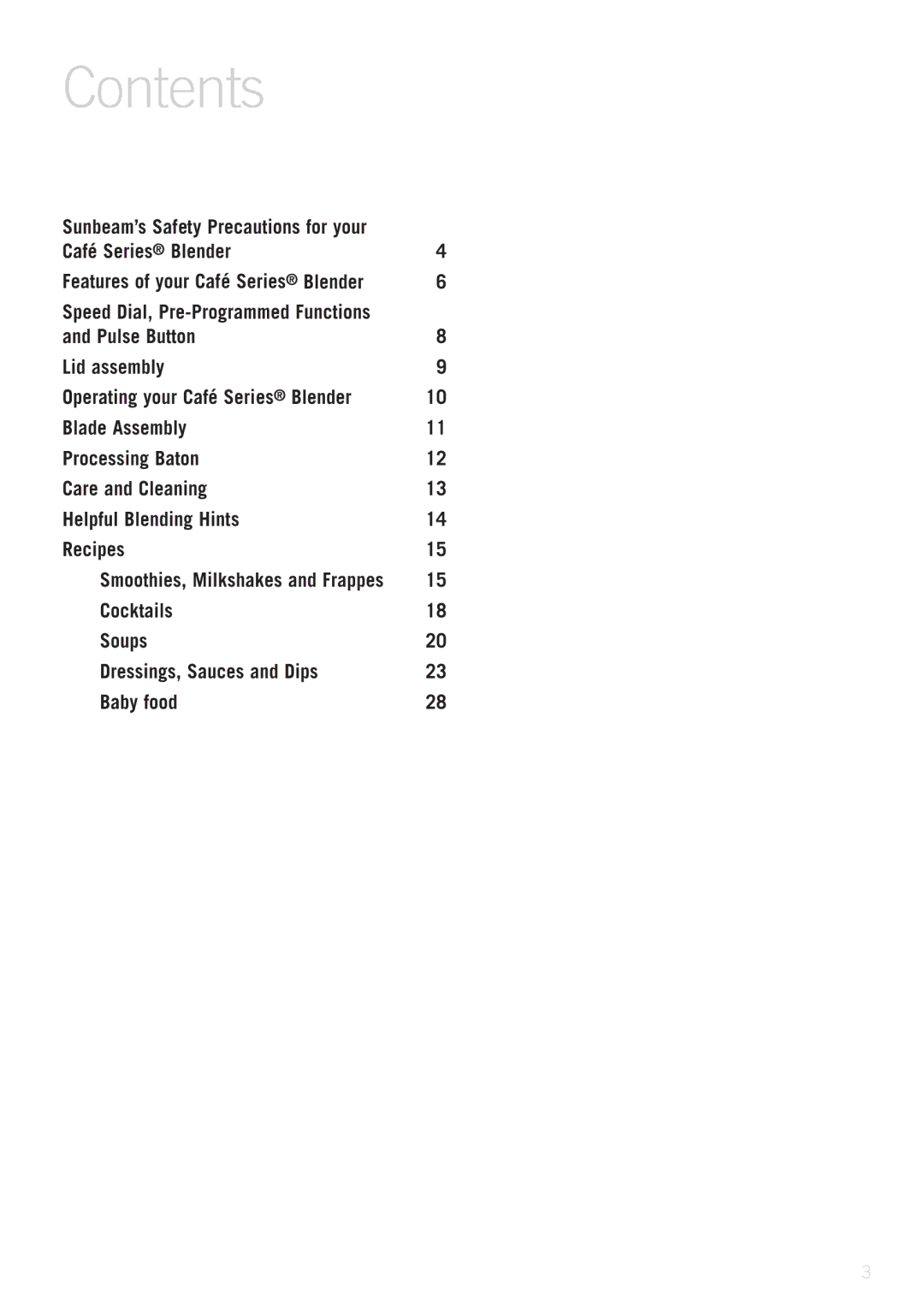 Sunbeam PB9800 manual Contents 