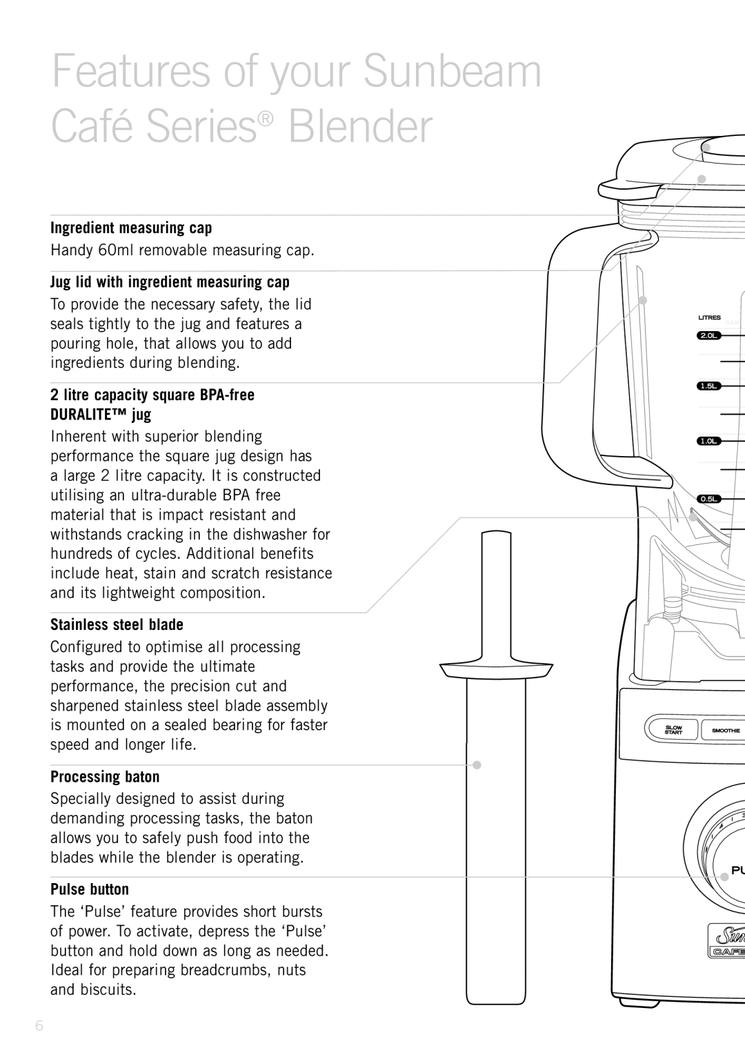 Sunbeam PB9800 manual Ingredient measuring cap, Jug lid with ingredient measuring cap, Stainless steel blade, Pulse button 