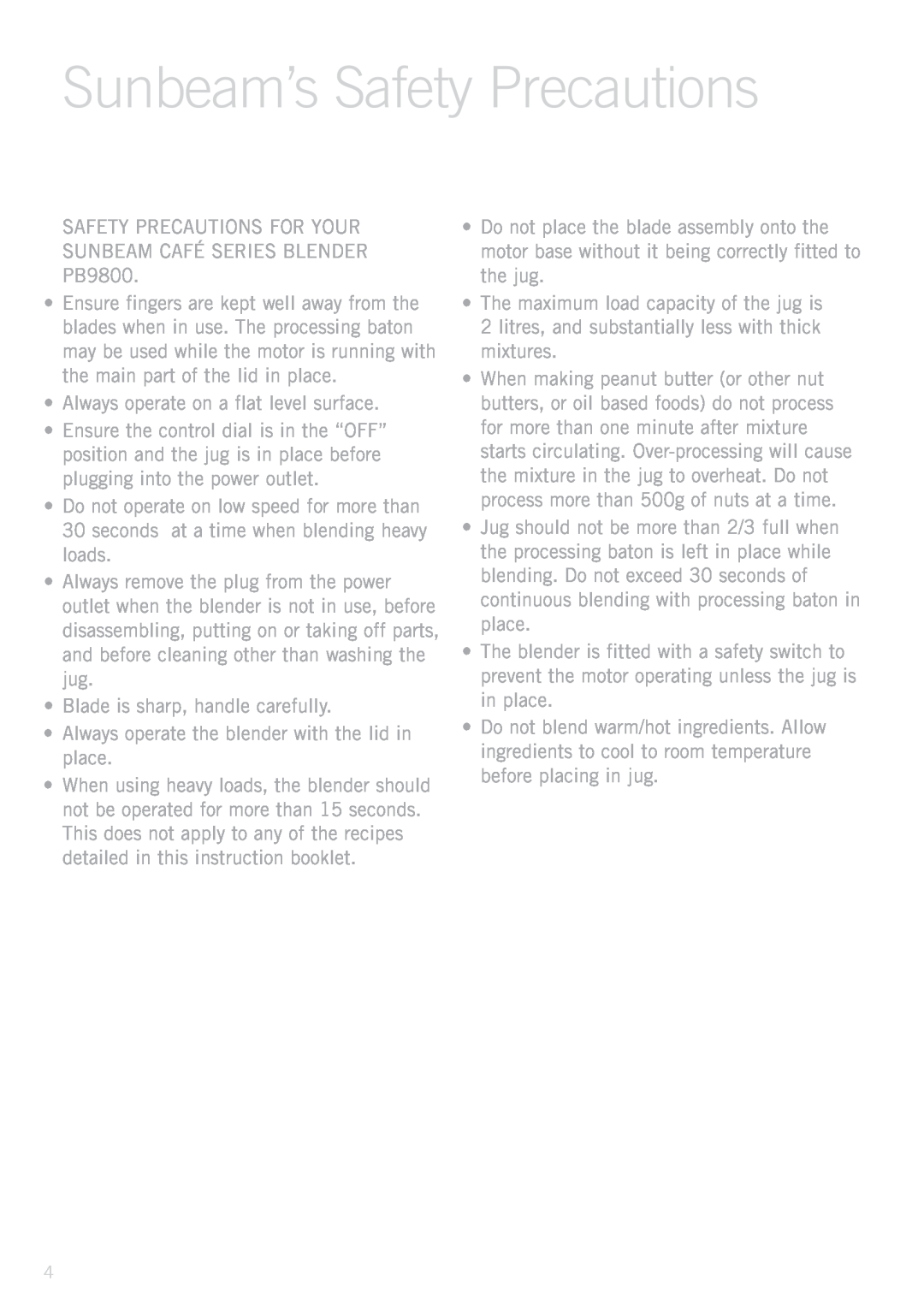 Sunbeam PB9800 manual Sunbeam’s Safety Precautions 