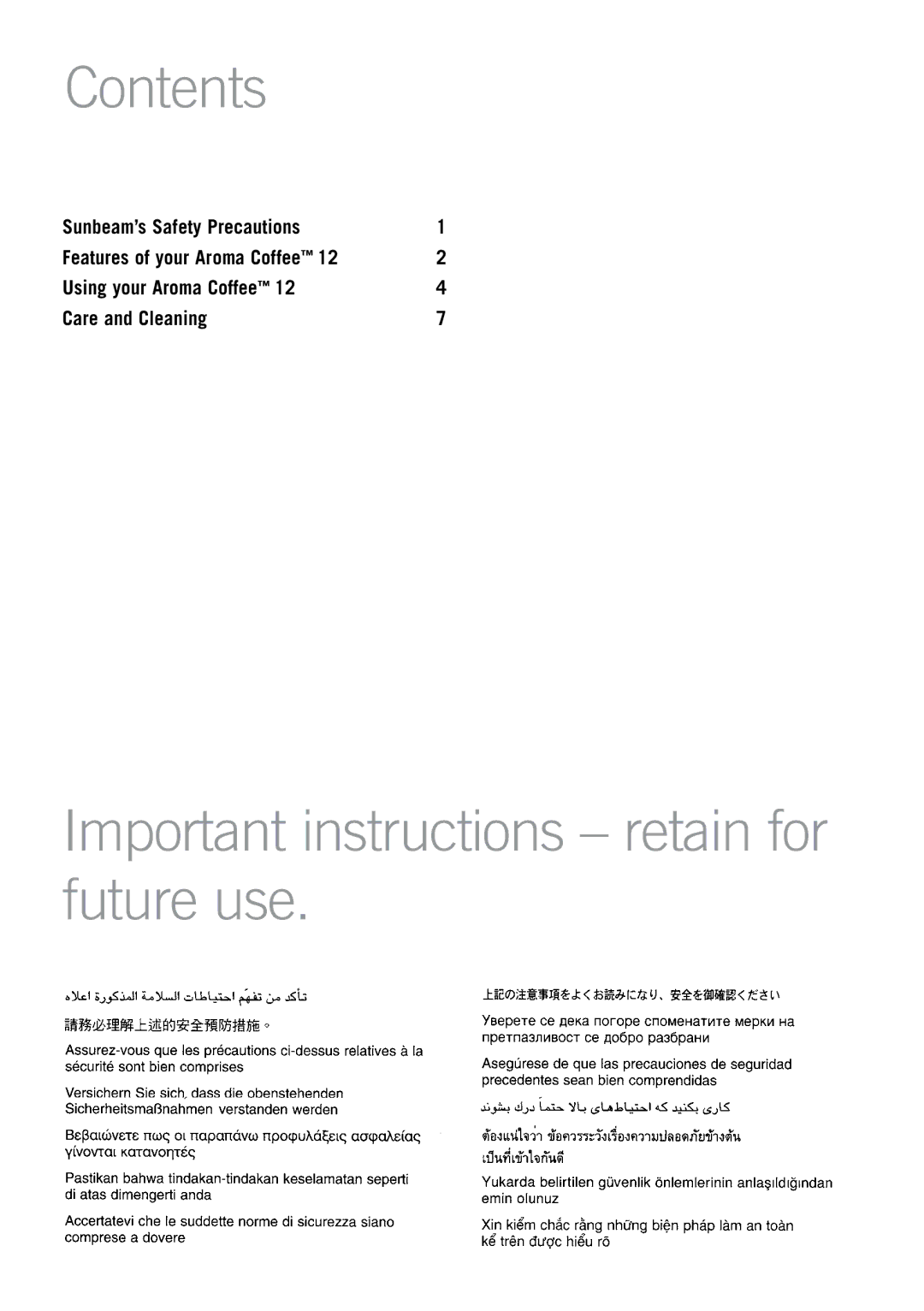 Sunbeam PC3610, PC3600, PC4700 manual Contents, Important instructions retain for future use 