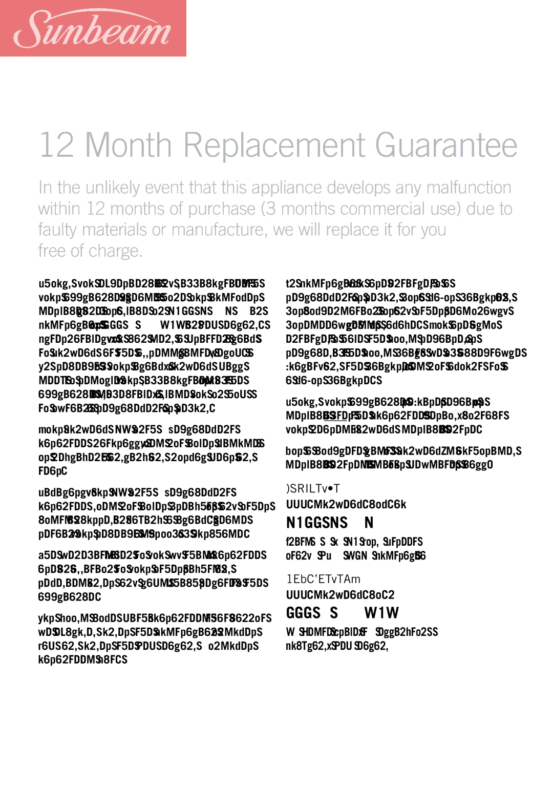 Sunbeam PC7900 manual Month Replacement Guarantee, Australia, New Zealand 