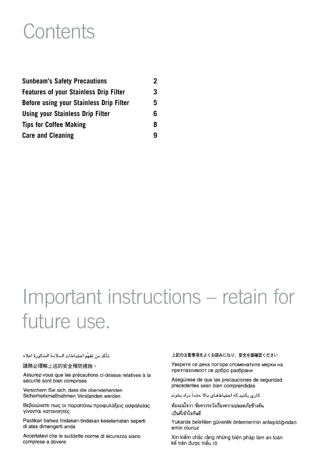 Sunbeam PC7900 manual Contents, Important instructions retain for future use 