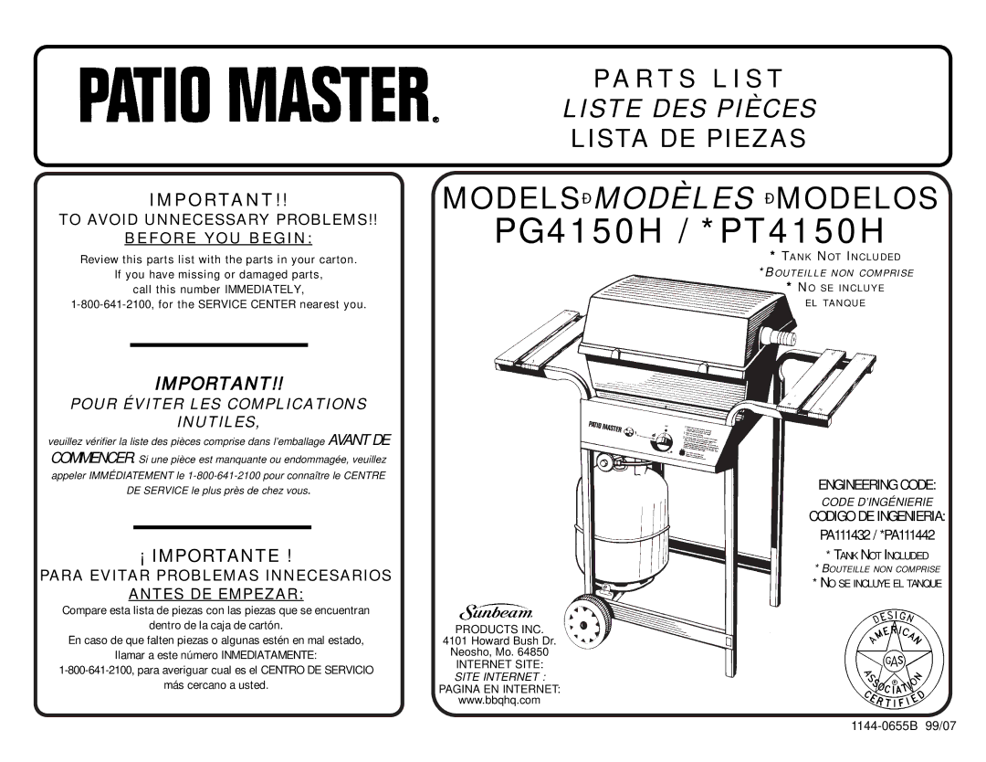 Sunbeam PA111442 manual PG4150H / *PT4150H 