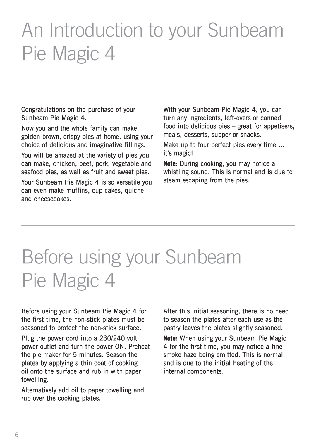 Sunbeam Pie Magic 4 manual An Introduction to your Sunbeam Pie Magic, Before using your Sunbeam Pie Magic 