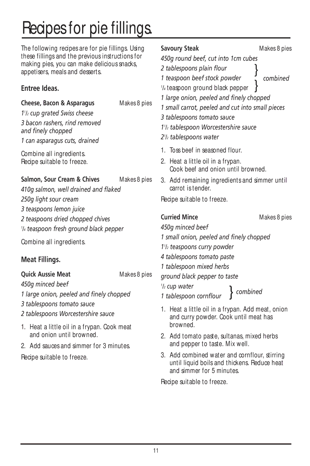 Sunbeam PM040 manual Recipes for pie fillings, Entree Ideas, Meat Fillings 