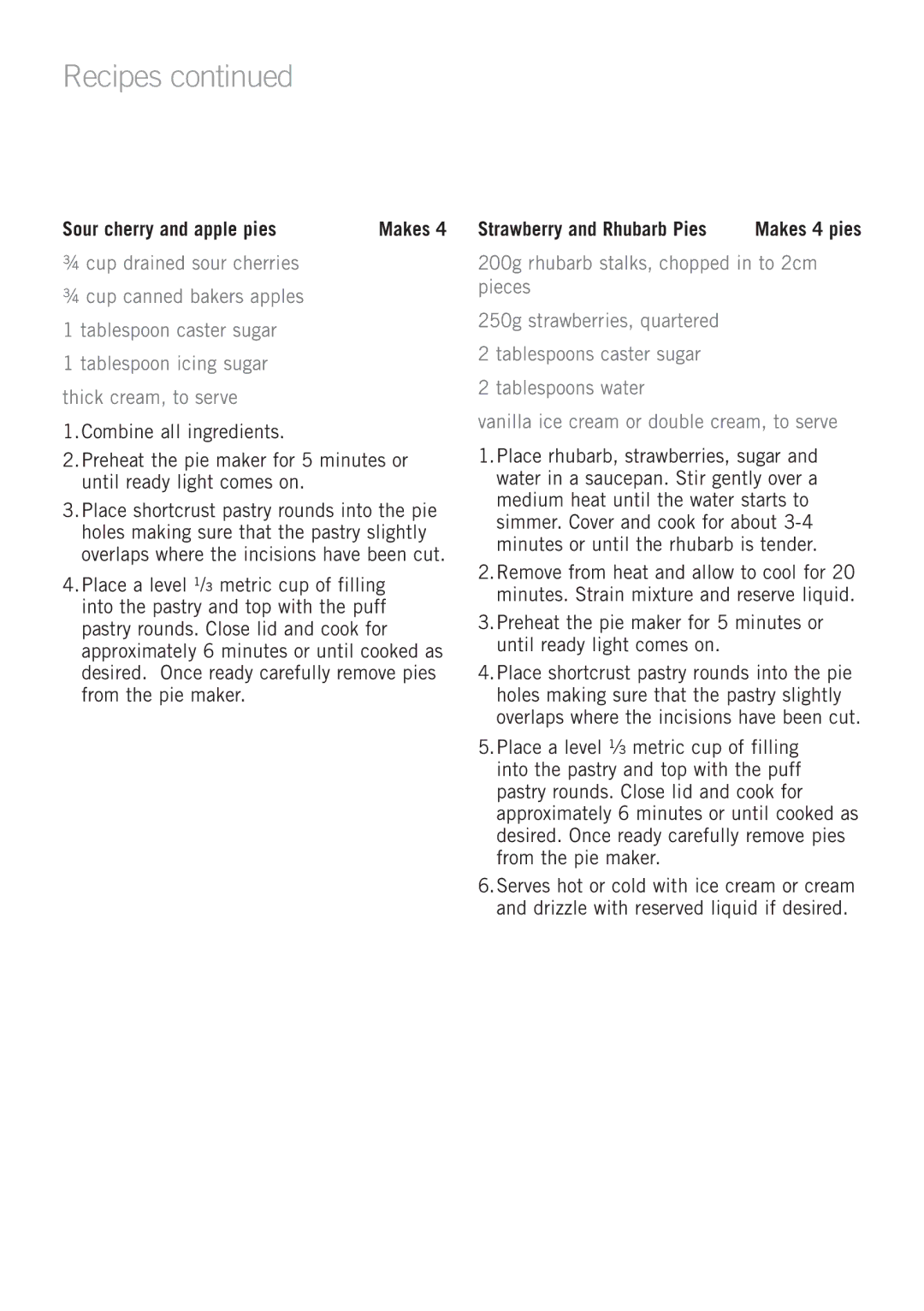 Sunbeam PM4210 manual Sour cherry and apple pies, Strawberry and Rhubarb Pies 