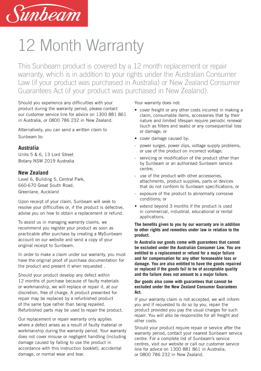 Sunbeam PM4210 manual Month Warranty, Australia, New Zealand 