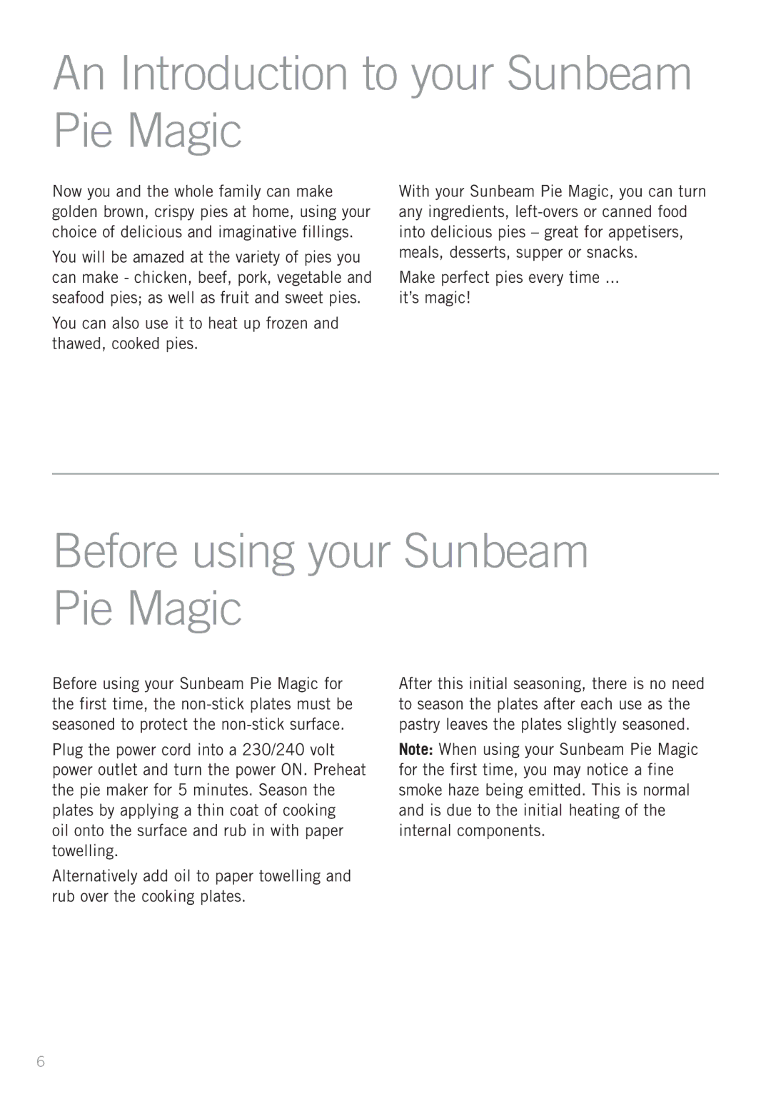 Sunbeam PM4210 manual An Introduction to your Sunbeam Pie Magic, Before using your Sunbeam Pie Magic 