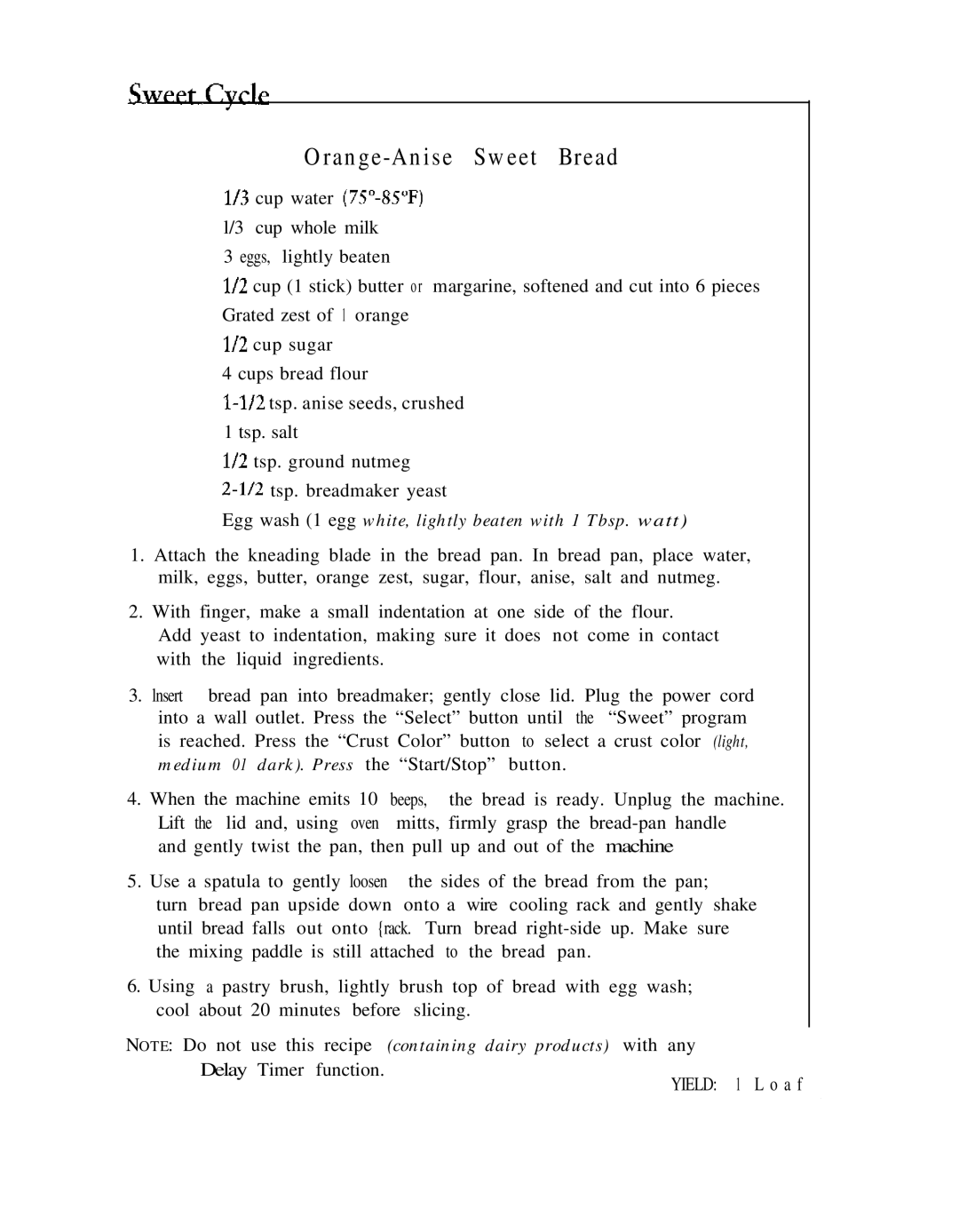 Sunbeam P.N. 109934 manual Orange-Anise Sweet Bread 