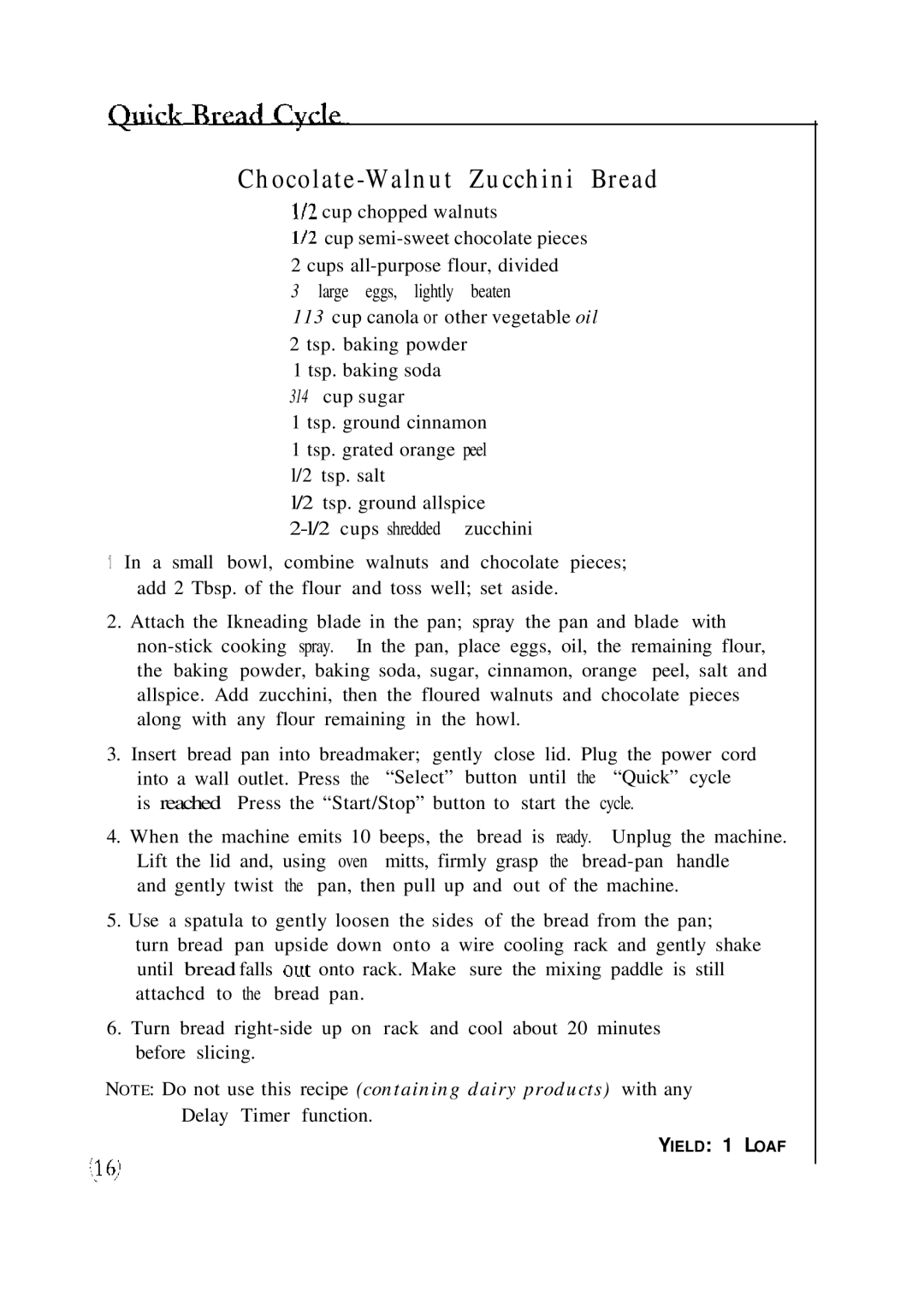 Sunbeam P.N. 109934 manual Chocolate-Walnut Zucchini Bread 