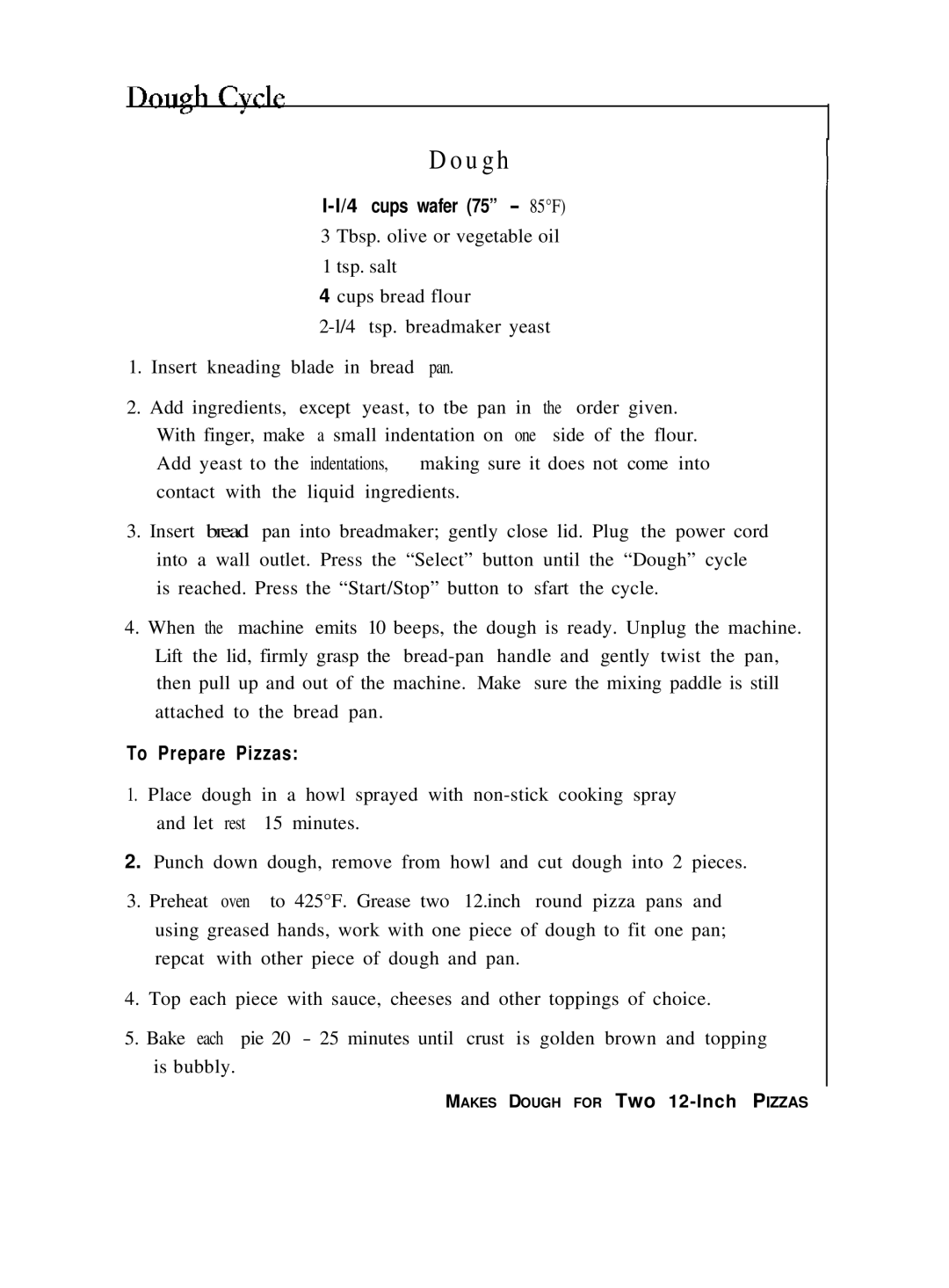 Sunbeam P.N. 109934 manual Dough, To Prepare Pizzas 