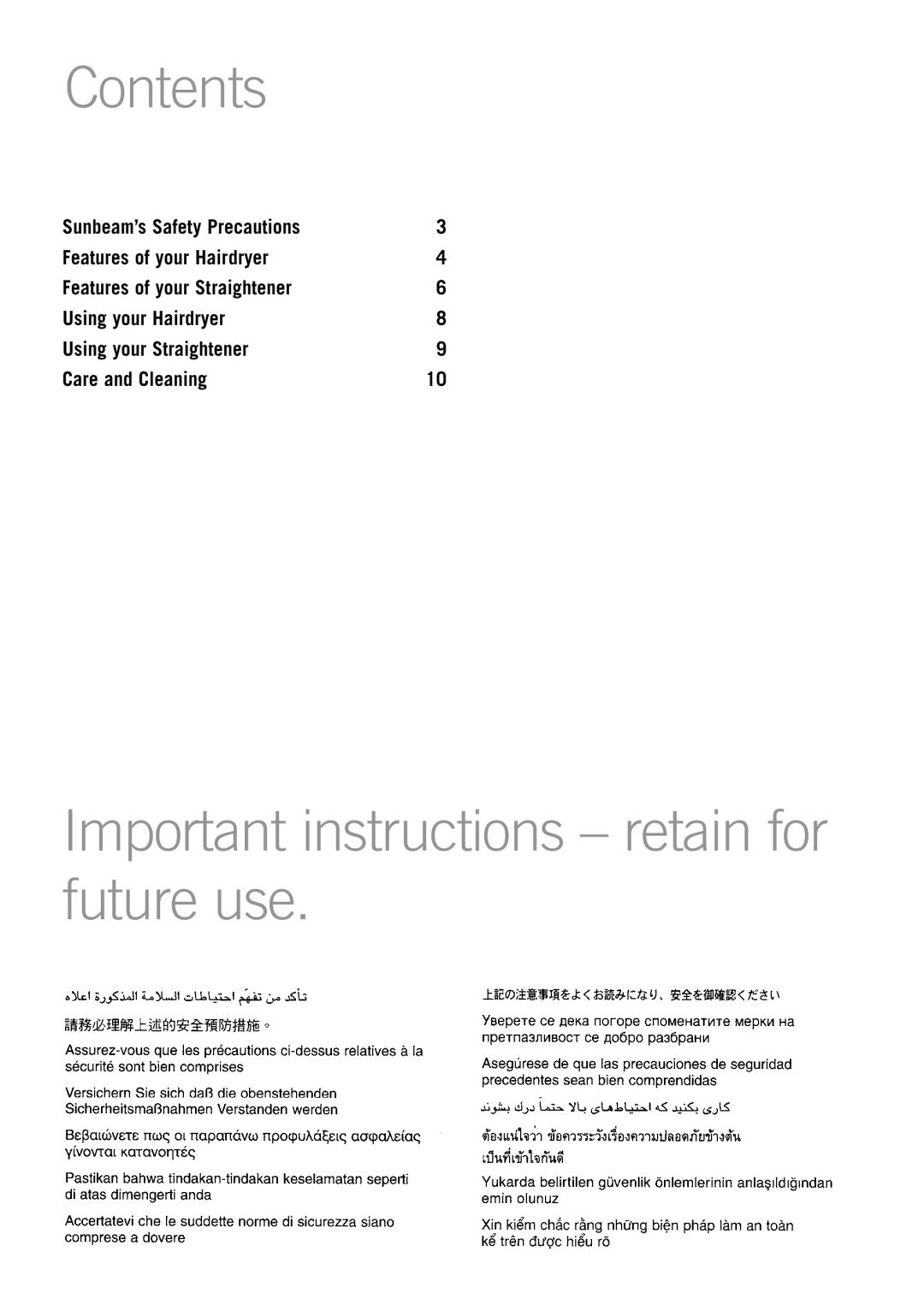 Sunbeam PU4800 manual Contents, Important instructions retain for future use 