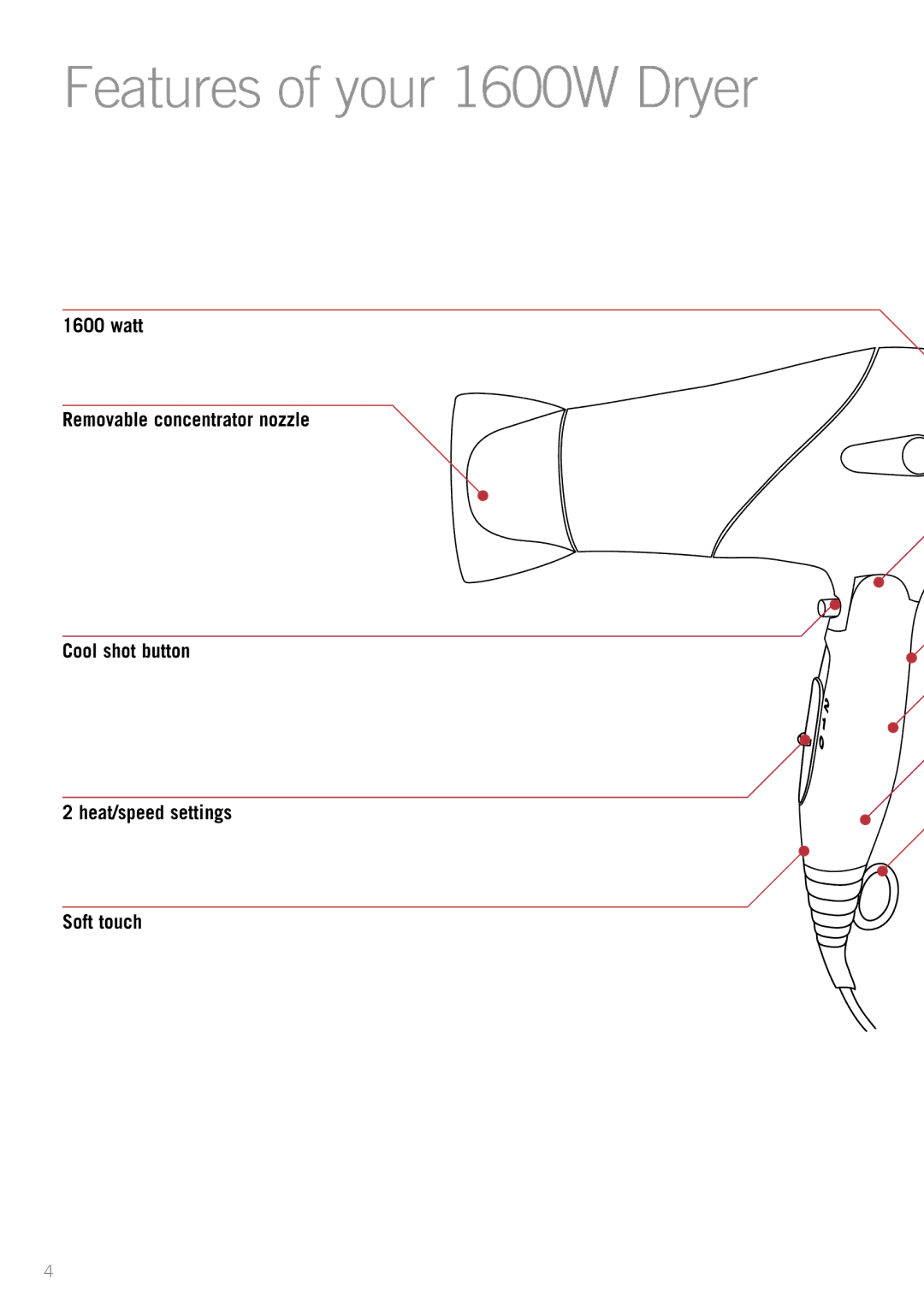 Sunbeam PU4800 manual Features of your 1600W Dryer 