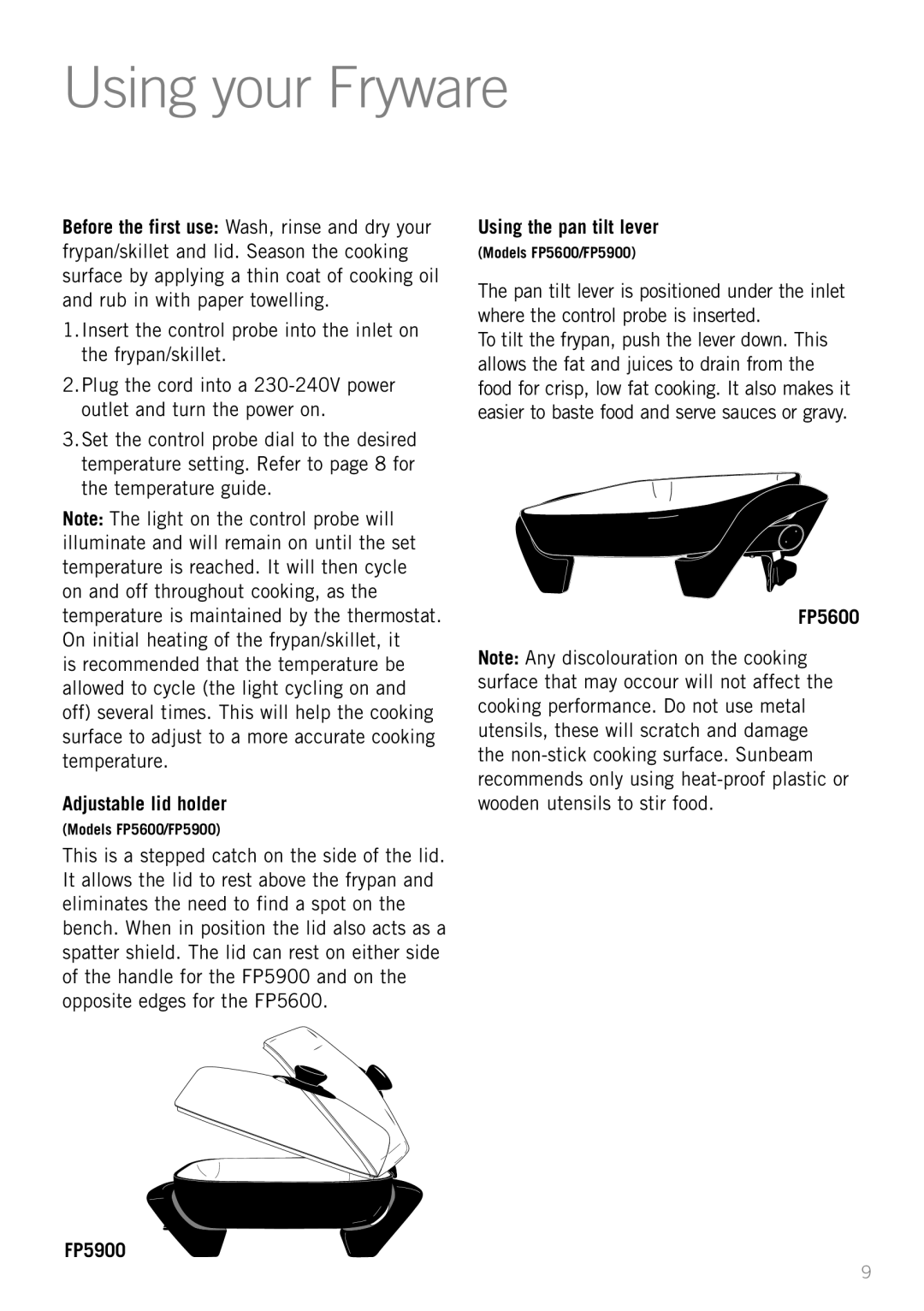 Sunbeam PU5300 manual Using your Fryware, Using the pan tilt lever, FP5600 FP5900 