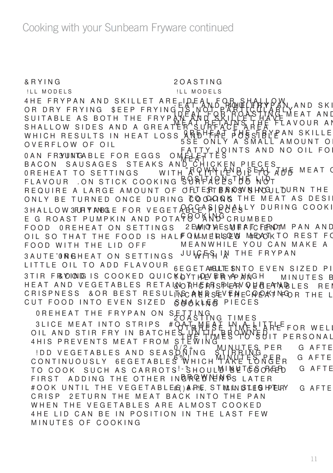 Sunbeam PU5300 manual Frying, Preheat the frypan on setting, Roasting times 