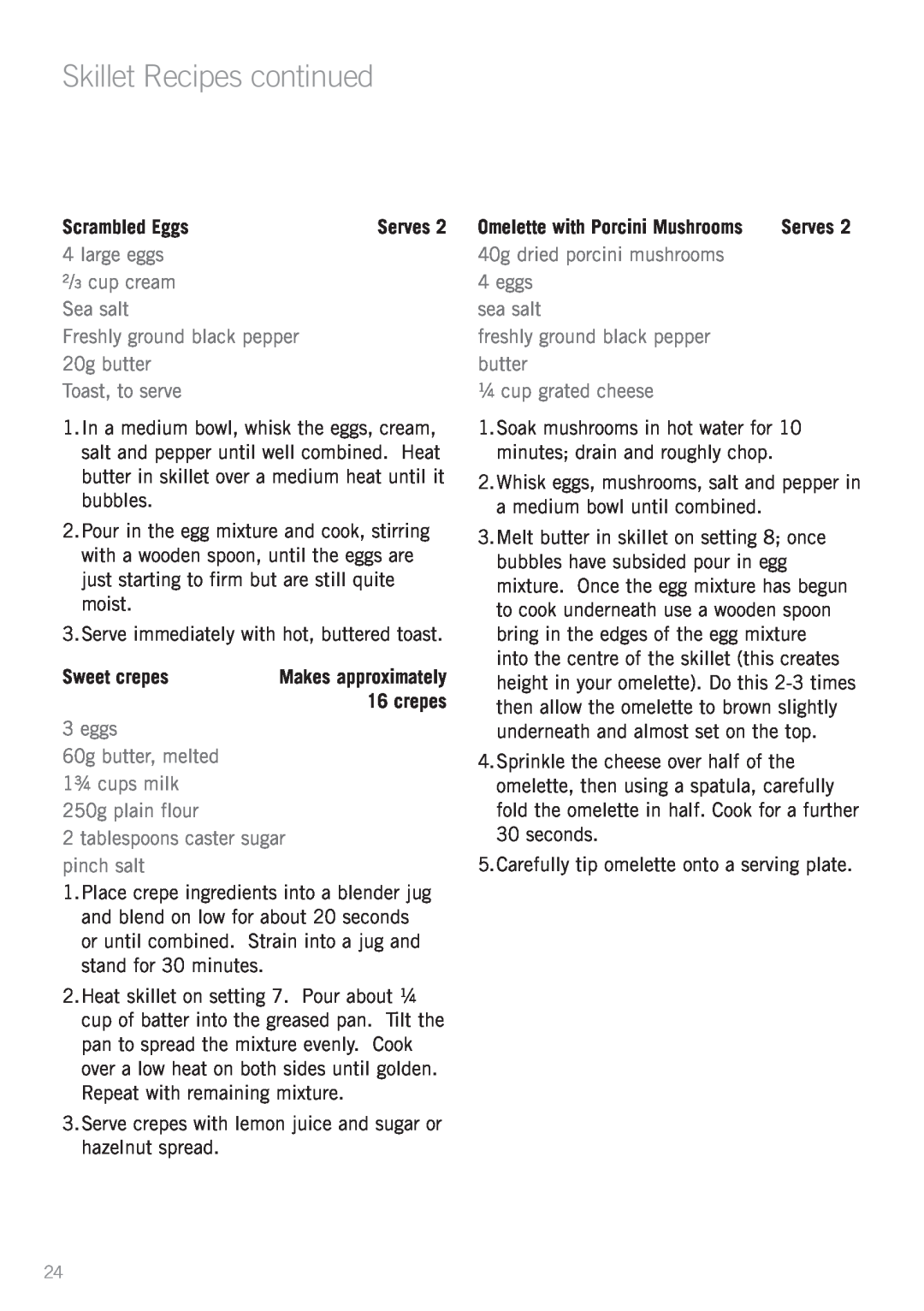 Sunbeam PU5300 manual Skillet Recipes continued, Scrambled Eggs, Sweet crepes 