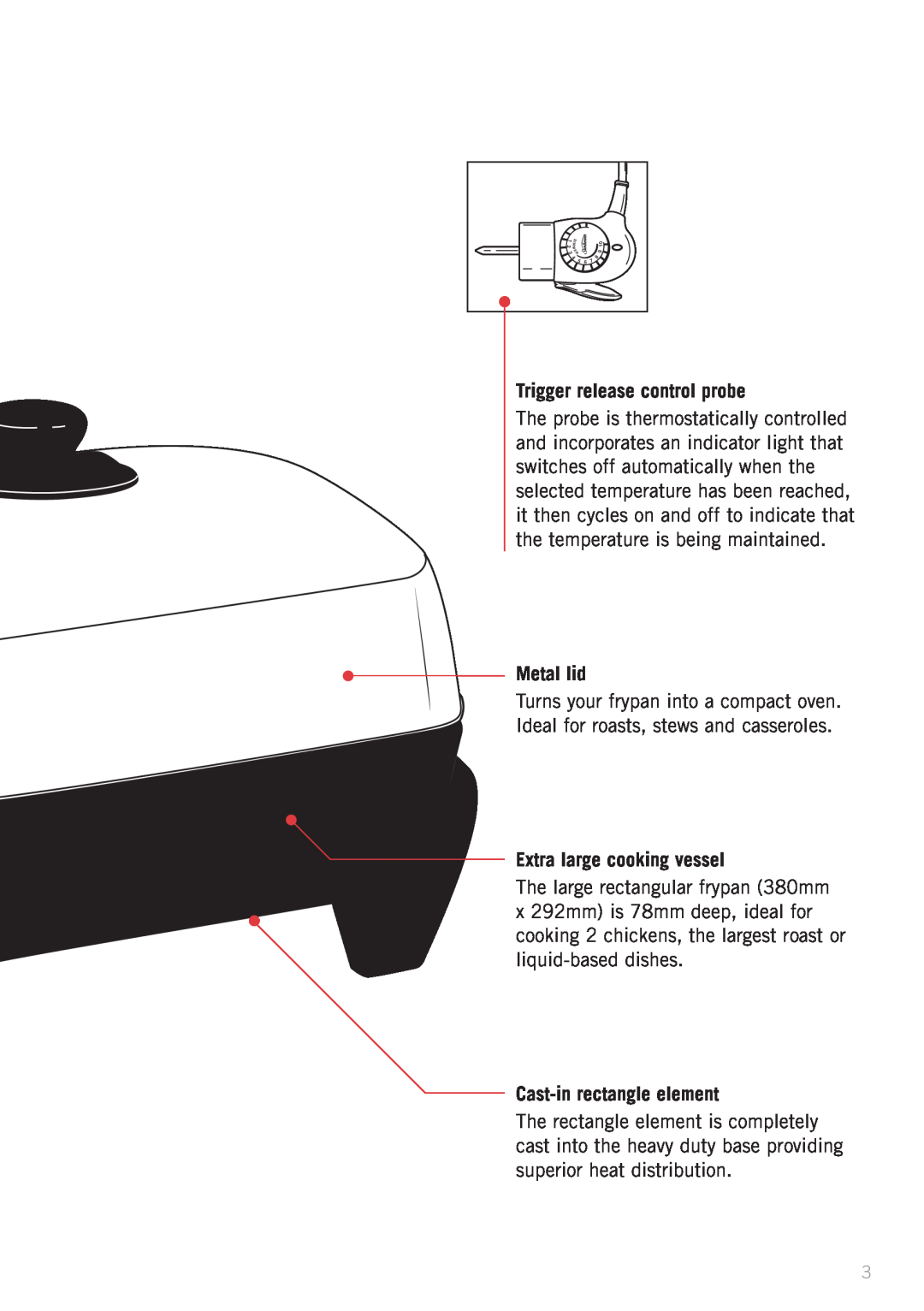 Sunbeam PU5300 manual Trigger release control probe, Metal lid, Extra large cooking vessel, Cast-inrectangle element 