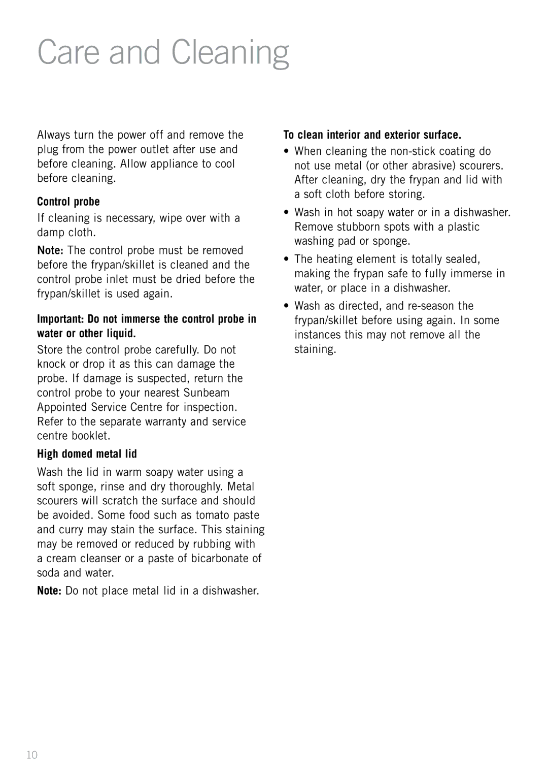 Sunbeam PU6300 manual Care and Cleaning, Control probe, If cleaning is necessary, wipe over with a damp cloth 