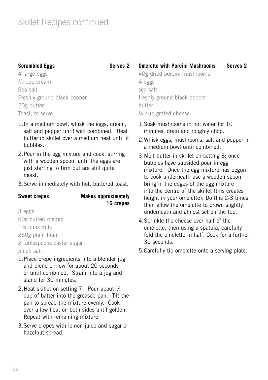 Sunbeam PU6300 manual Scrambled Eggs, Sweet crepes, Crepes 