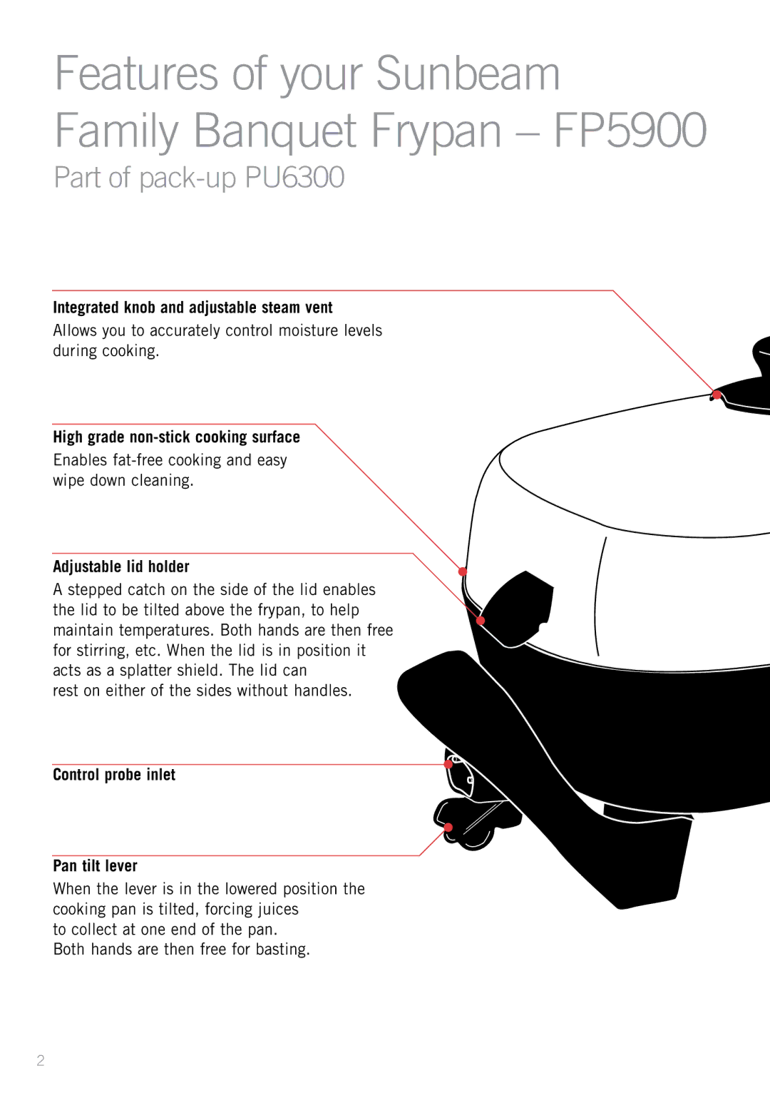 Sunbeam PU6300 Integrated knob and adjustable steam vent, High grade non-stick cooking surface, Adjustable lid holder 